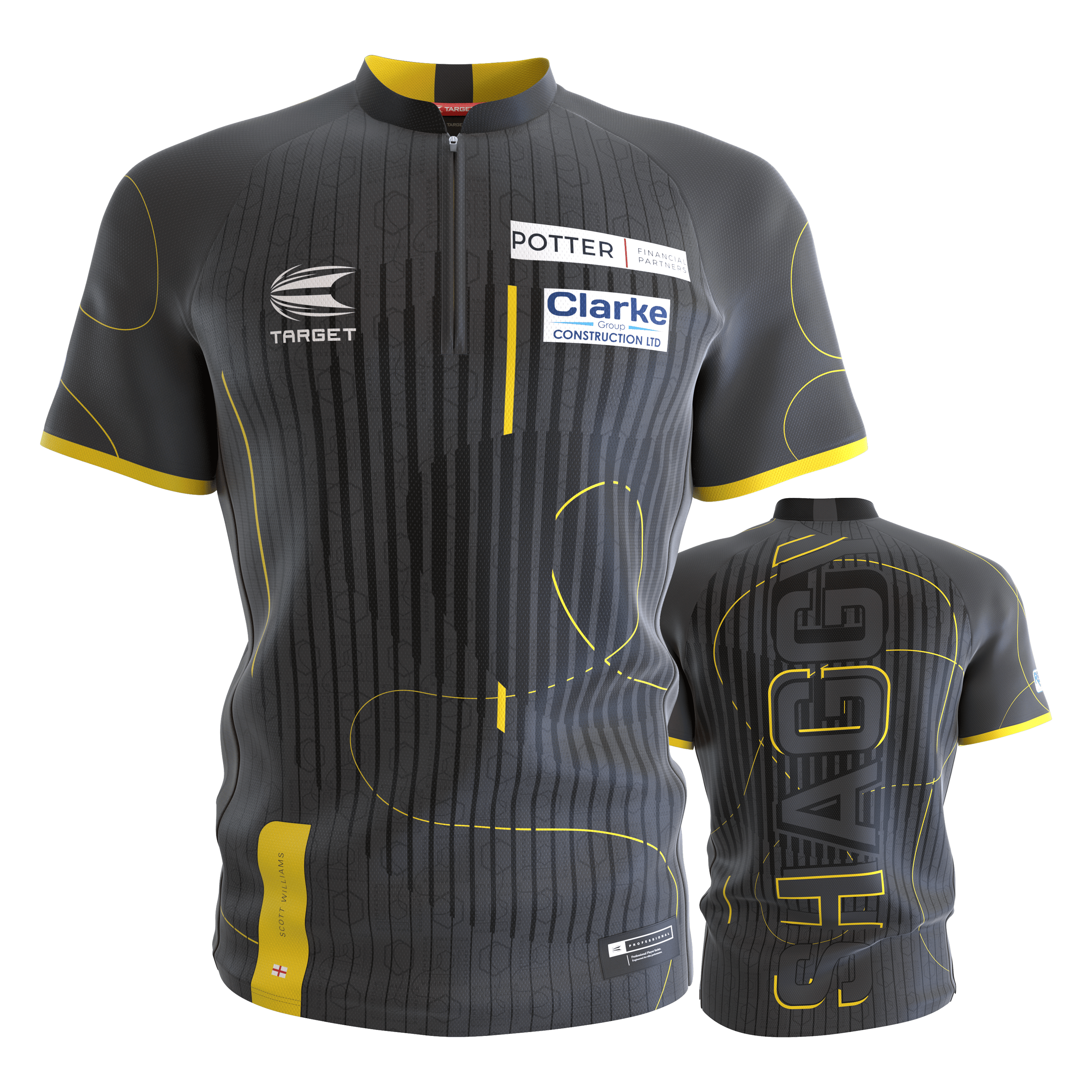 Target Coolplay Collarless Scott Williams Dartshirt Das Bild zeigt das Target Coolplay Collarless Scott Williams Dartshirt in Grau mit gelben Akzenten. Auf der Vorderseite sind Sponsorenlogos zu sehen und auf der Rückseite steht groß "SHAGGY".