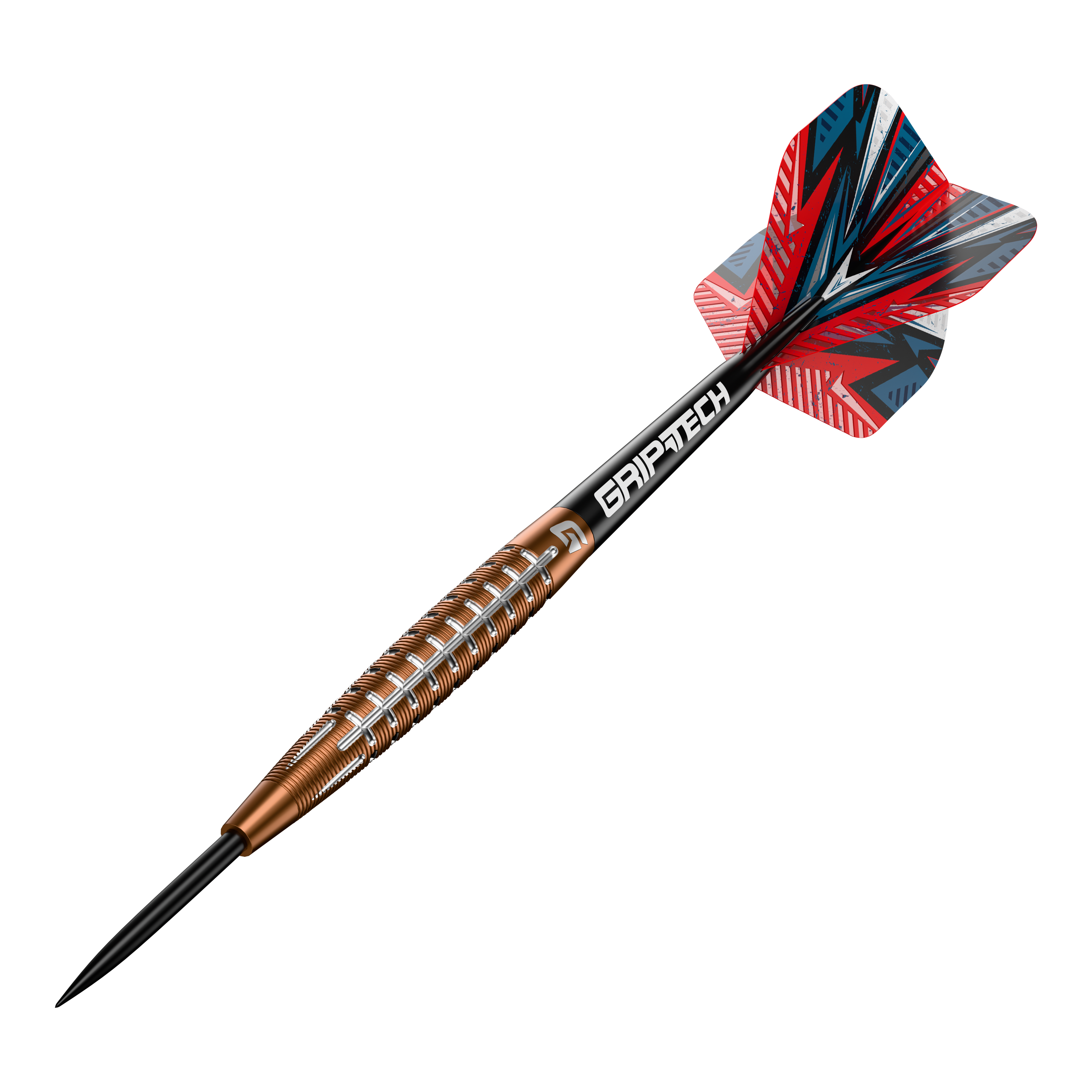 Dardos de acero de tungsteno GOAT Quarterback V1 Das Bild zeigt einen GOAT Quarterback V1 Tungsten Steeldart. Der Dartpfeil hat ein auffälliges Design mit einer rot-blauen Flight und einem goldenen Griff mit silbernen Rillen.