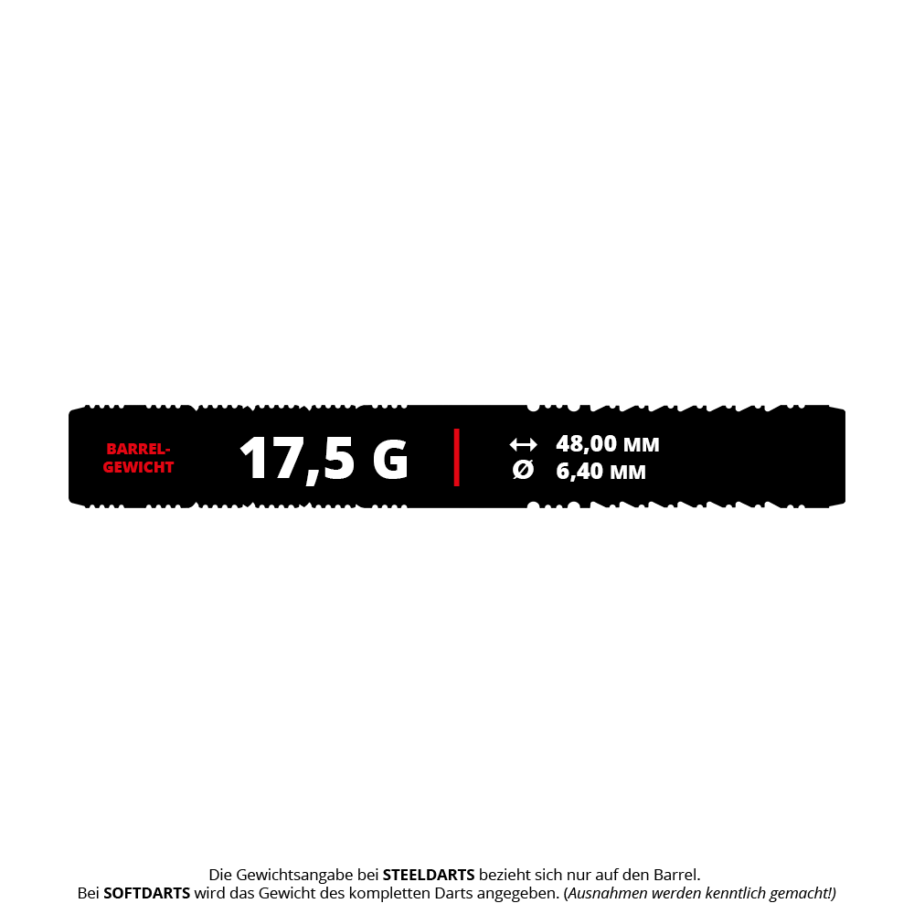 Dardos blandos Target Japan Black Marque Reyn GEN2 - 17,5 g Das Bild zeigt die Produktspezifikationen der Target Japan Black Marque Reyn GEN2 Softdarts mit einem Gewicht von 17,5 Gramm. Die Barrel-Länge beträgt 48,00 mm und der Durchmesser 6,40 mm.