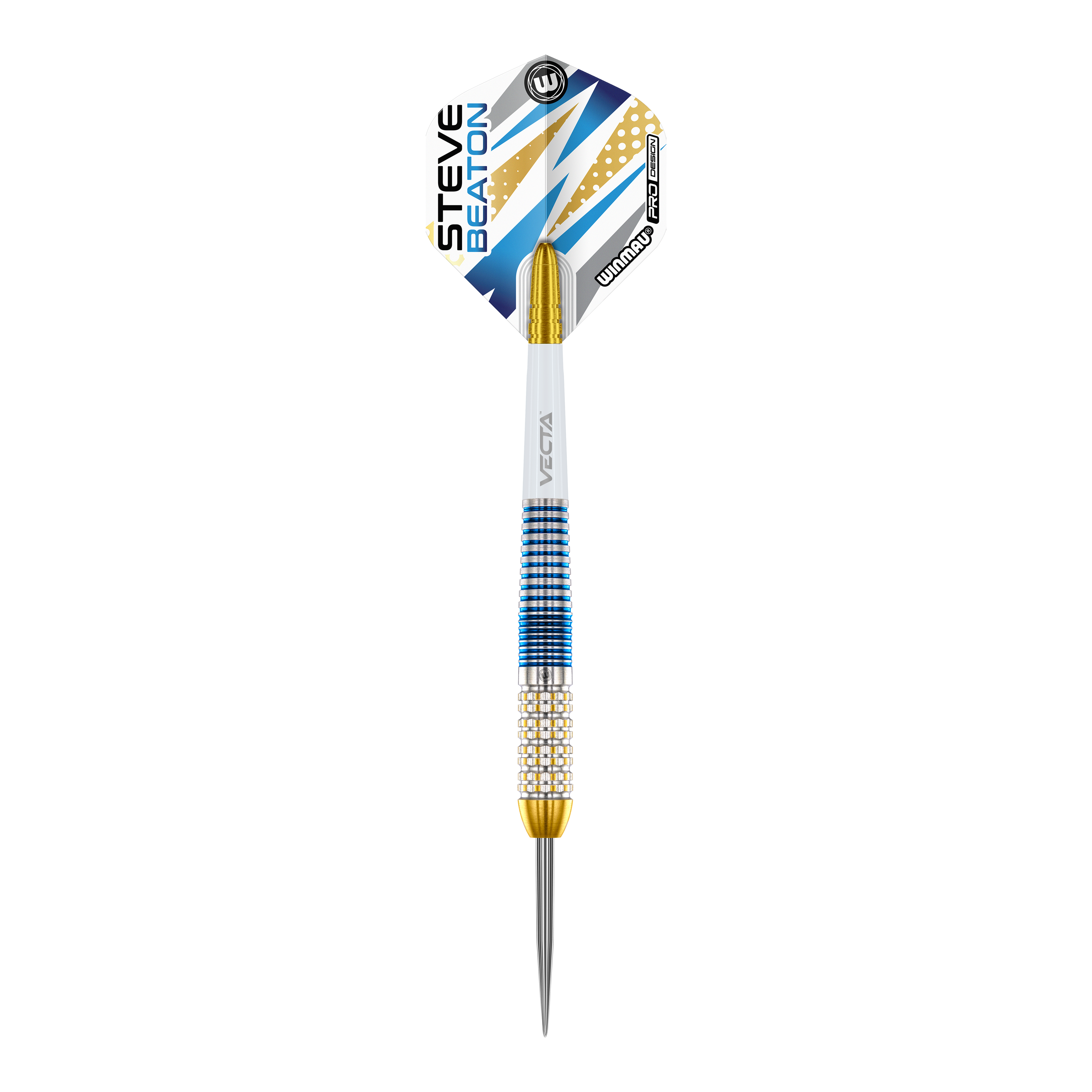 Dardos de acero Winmau Steve Beaton Legend Series Das Bild zeigt einen Winmau Steve Beaton Legend Series Steeldart. Der Dart ist blau, gold und weiß gestaltet und hat den Namen "Steve Beaton" auf dem Flight.