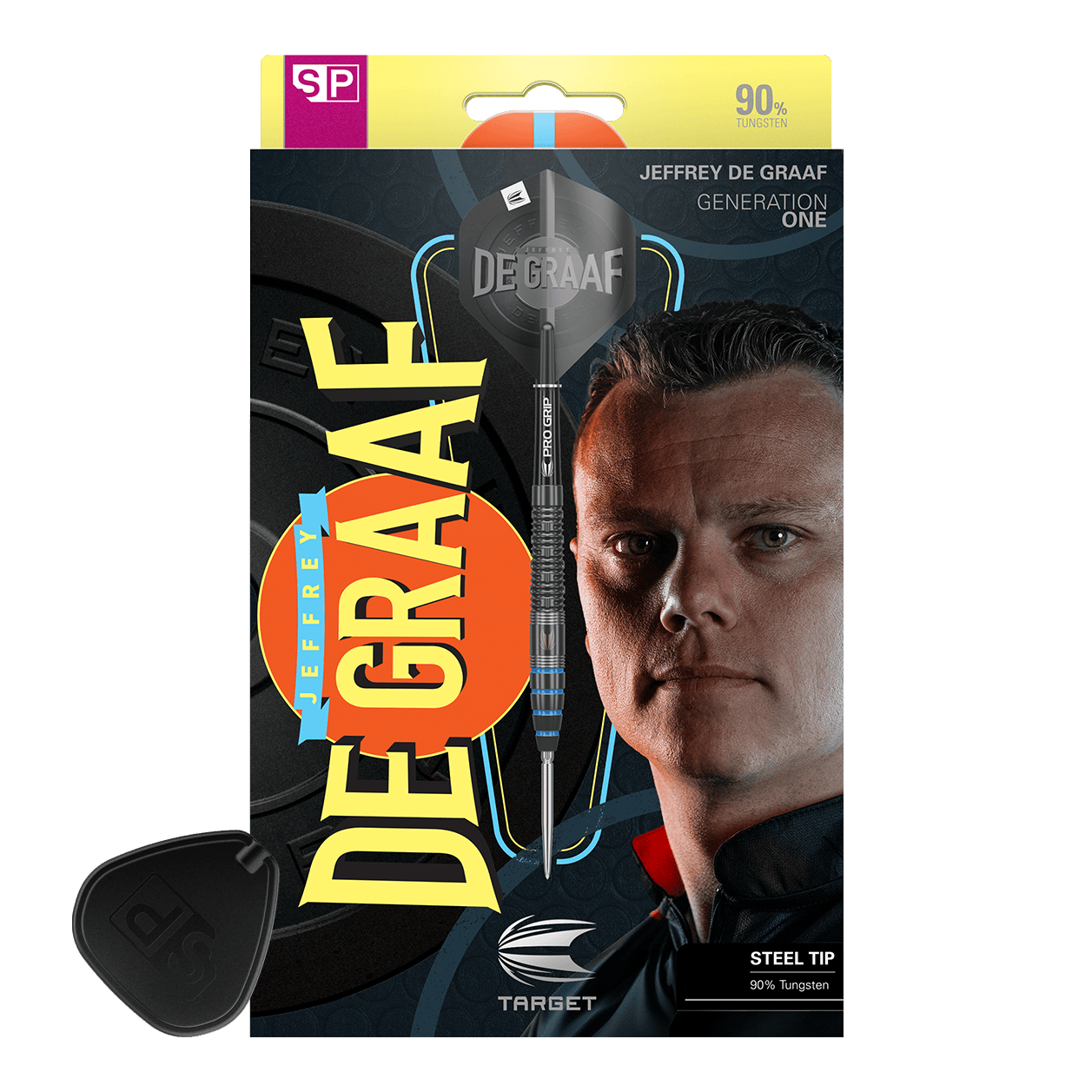 Auf der Verpackung ist ein Steeldart abgebildet, der zu 90 % aus Wolfram besteht. Rechts sieht man das Porträt eines Mannes und den Namen "Jeffrey De Graaf".