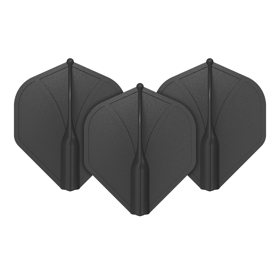 Standardní letky Shot Airfoil Molded No2 Auf dem Bild sind drei schwarze Dart-Flights zu sehen. Sie stehen aufrecht nebeneinander und haben eine standardmäßige, geformte Flügelform.