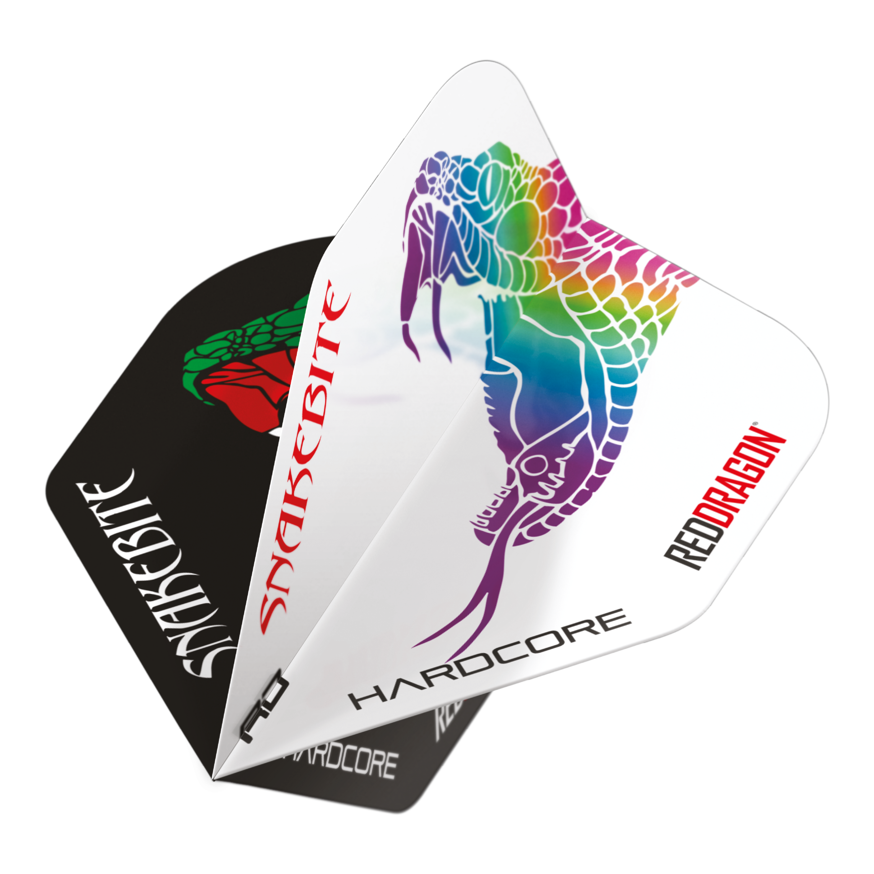 Red Dragon Peter Wright Uštknutí hadem Černá Bílá Jin Jang Standardní lety Das Bild zeigt die Red Dragon Peter Wright Snakebite Black White Yin Yang Standard Flights für Darts. Auf den Flights sind bunte Schlangenmotive und die Schriftzüge "Snakebite" und "Red Dragon" zu sehen.