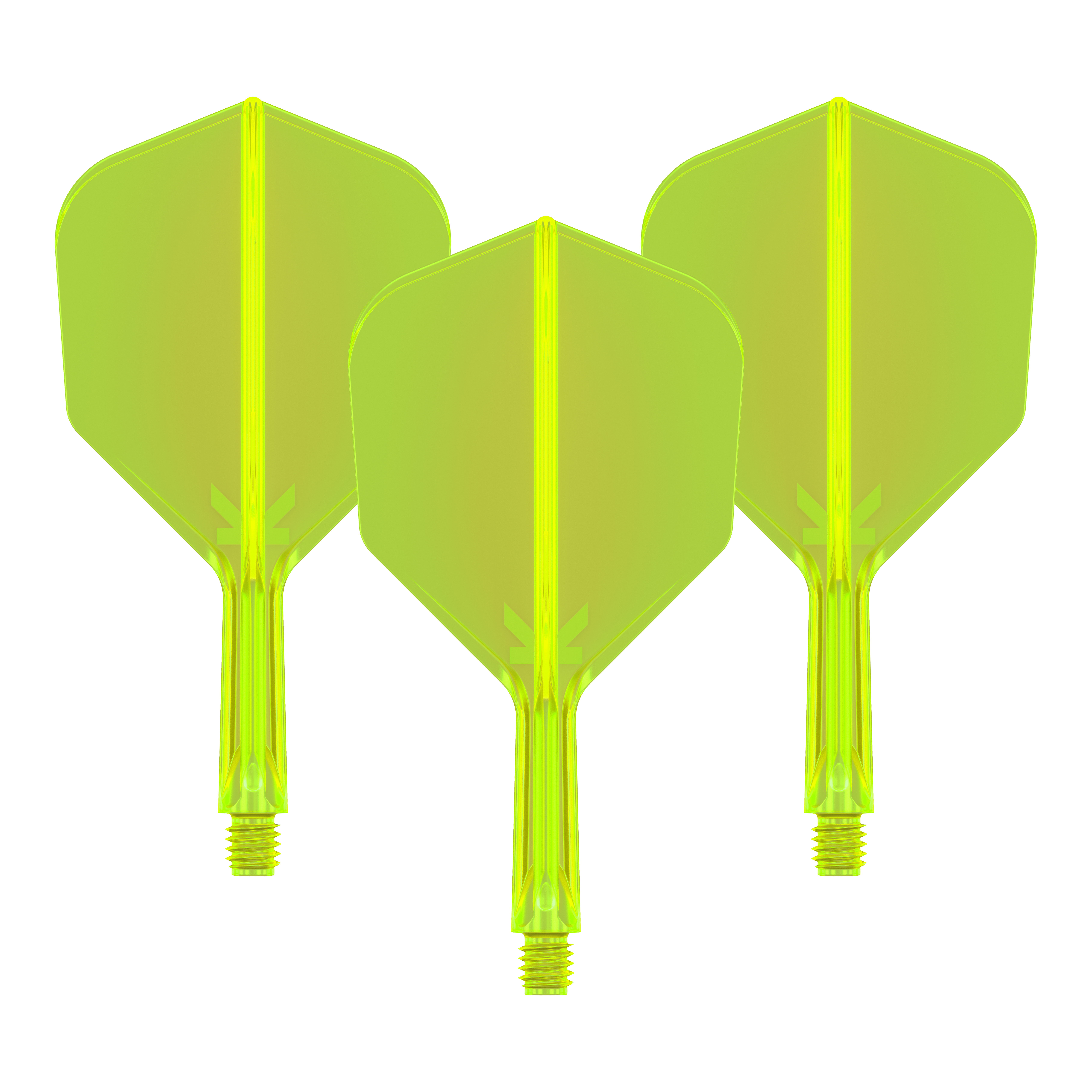 Letový systém Target K-Flex No6 - neonově žlutý Das Bild zeigt drei neongelbe Dartflights mit integrierten Schäften. Sie sind nebeneinander angeordnet und auf schwarzem Hintergrund zu sehen.