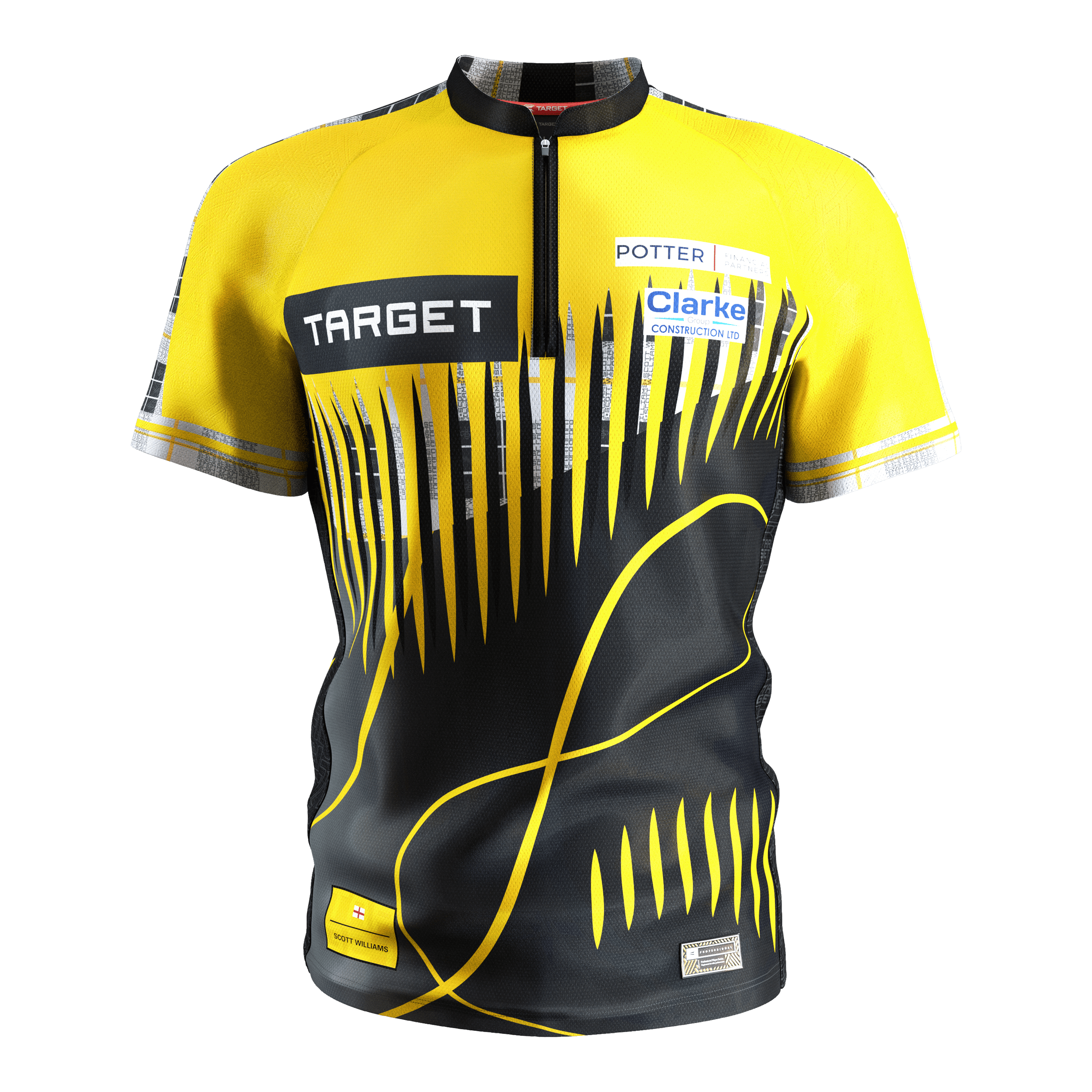 Koszulka do darta Target Coolplay Scott Williams 2025 Das Bild zeigt ein Dartshirt in den Farben Gelb und Schwarz mit auffälligem modernem Muster. Auf dem Shirt sind mehrere Sponsorenlogos, darunter "TARGET", zu sehen.