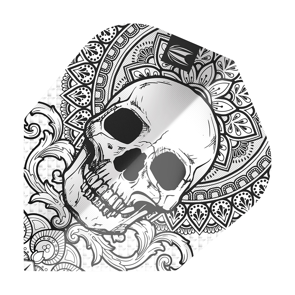 TG488_335480_Target_ProUltra_Ink_Grey_No6_Flights_1 Dieses Bild zeigt das Produkt "Target ProUltra Ink Grey No6 Flights". Auf dem Flight ist ein detailreich gezeichneter Totenkopf mit ornamentalen Mustern abgebildet.