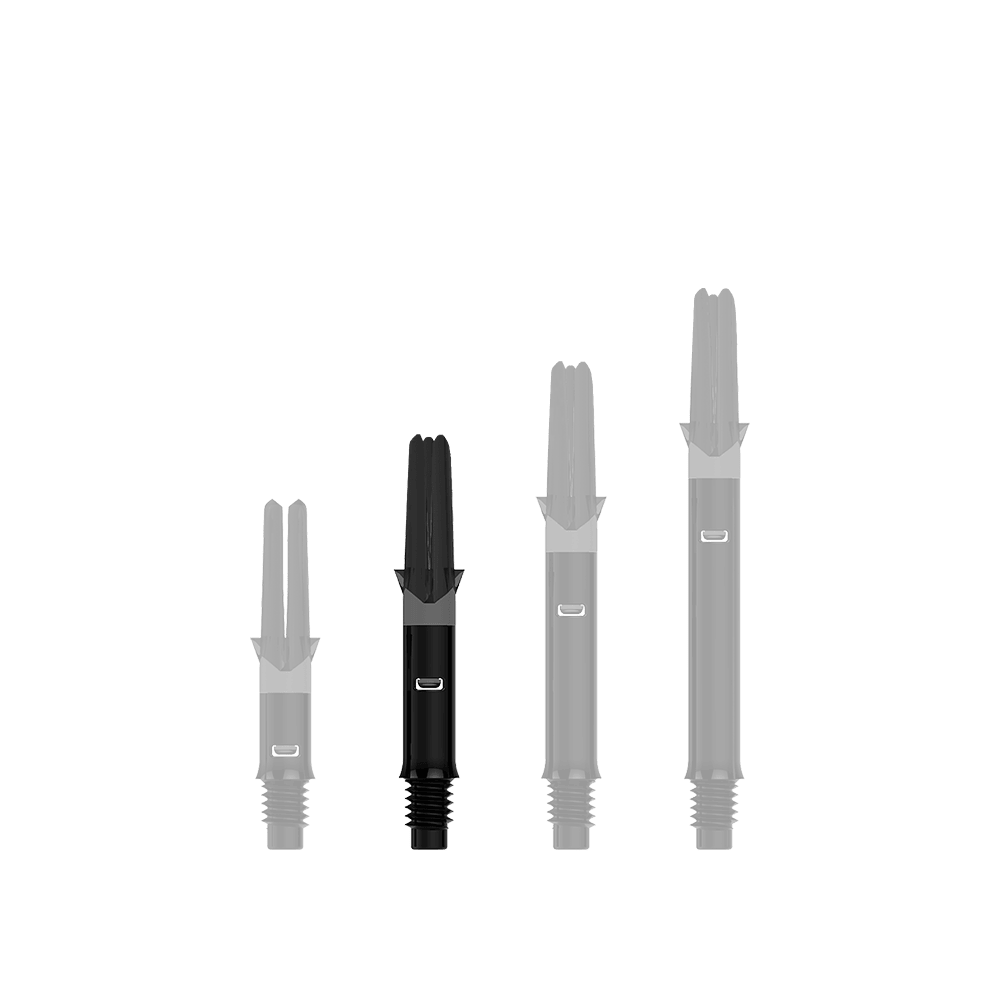 Wałki L-L-Style-Shafts Silent Straight - czarne Auf dem Bild sind drei schwarze, gerade Dartshafts ohne Kappen in unterschiedlicher Länge zu sehen. Sie stehen nebeneinander aufgereiht vor transparentem Hintergrund.