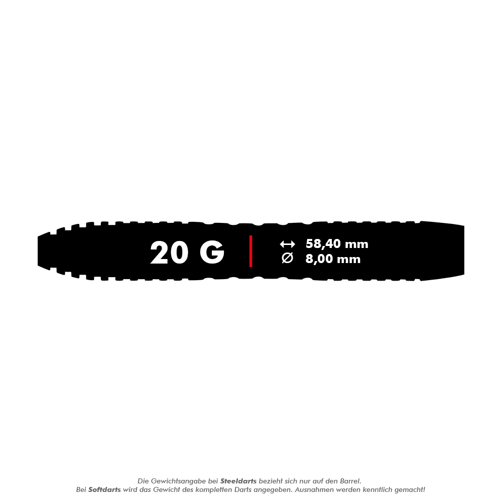 Šipky Winmau Joe Cullen Brass Steeldarts - 20g Das Bild zeigt einen Winmau Joe Cullen Brass Steeldart mit einem Gewicht von 20 Gramm. Die Länge beträgt 58,40 mm und der Durchmesser 8,00 mm.