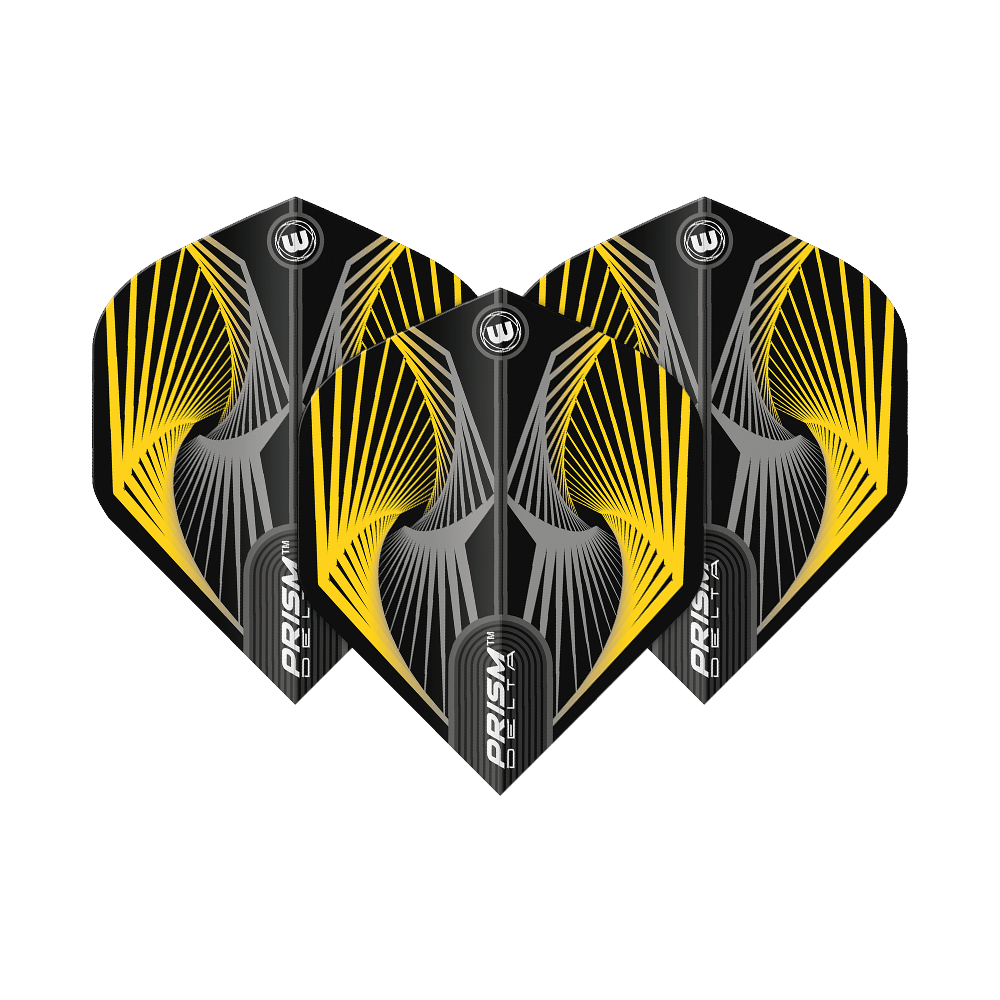 6915-241_Winmau_Prism_Delta_Spiral_YellowGrey_Standard_Flights_1fbl9FKLt3XNxA Das Bild zeigt drei Dart-Flights des Modells „Winmau Prism Delta Spiral YellowGrey Standard Flights“. Sie sind schwarz mit auffälligen gelben und grauen Spiral-Designs.