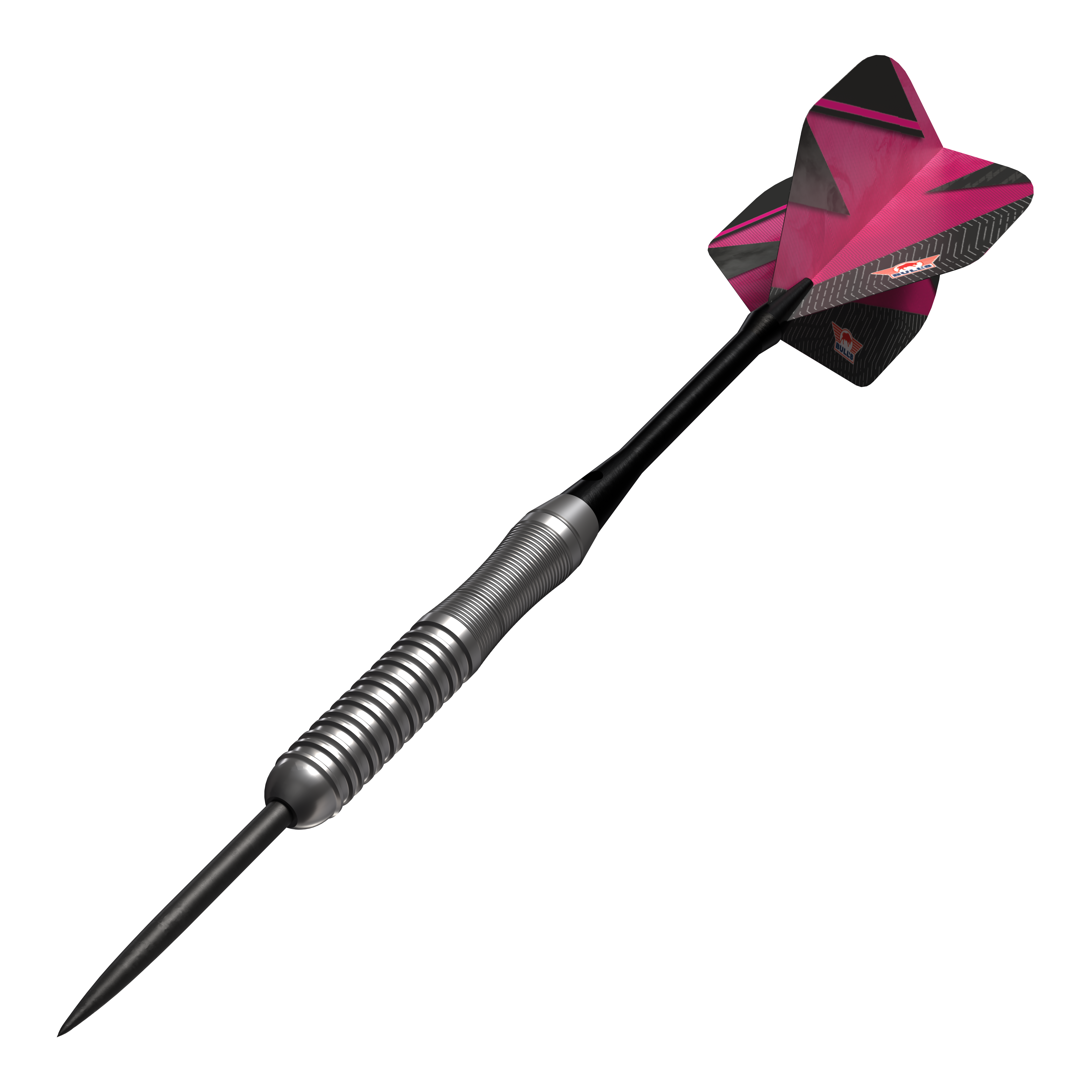 Dardos de acero Bulls NL Lightning Pink Das Bild zeigt einen Steeldartpfeil mit silbernem Griff und einer pink-schwarzen Flights. Es handelt sich um das Produkt "Bulls NL Lightning Pink Steeldarts".