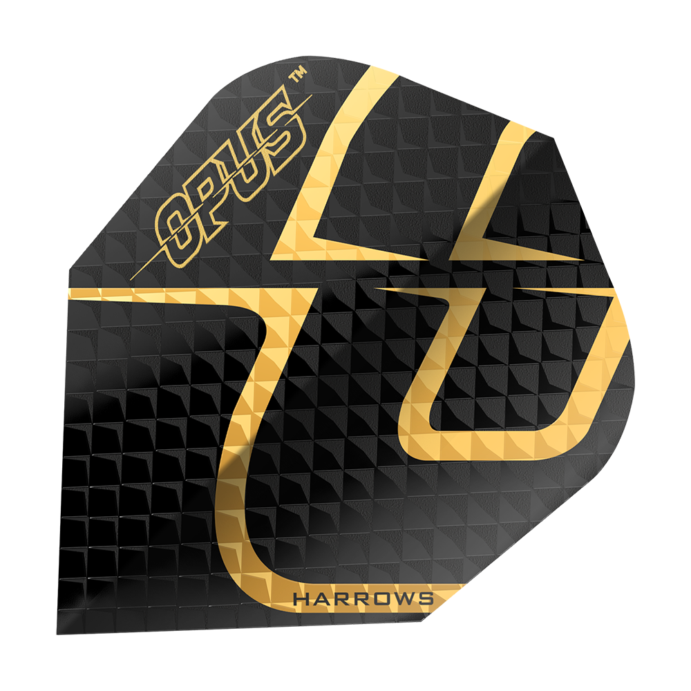 Lety Harrow's Opus verze 2 Das Bild zeigt das Produkt "Harrows Opus Version 2 Flights". Die Darts-Flight ist schwarz mit einem goldenen Muster und dem Schriftzug "OPUS" und "HARROWS".
