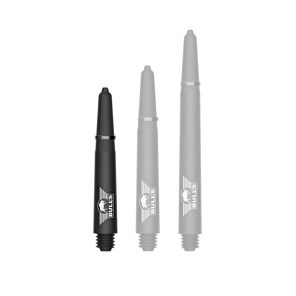 Bulls NL Capo Carbon Shafts - Schwarz Ein Bild mit dem Dateinamen BU55340_BullsNL_Capo_Carbon_Shafts_Schwarz_Short_34mm_1. Zu sehen ist wahrscheinlich ein kurzer schwarzer Carbon-Shaft für Darts.