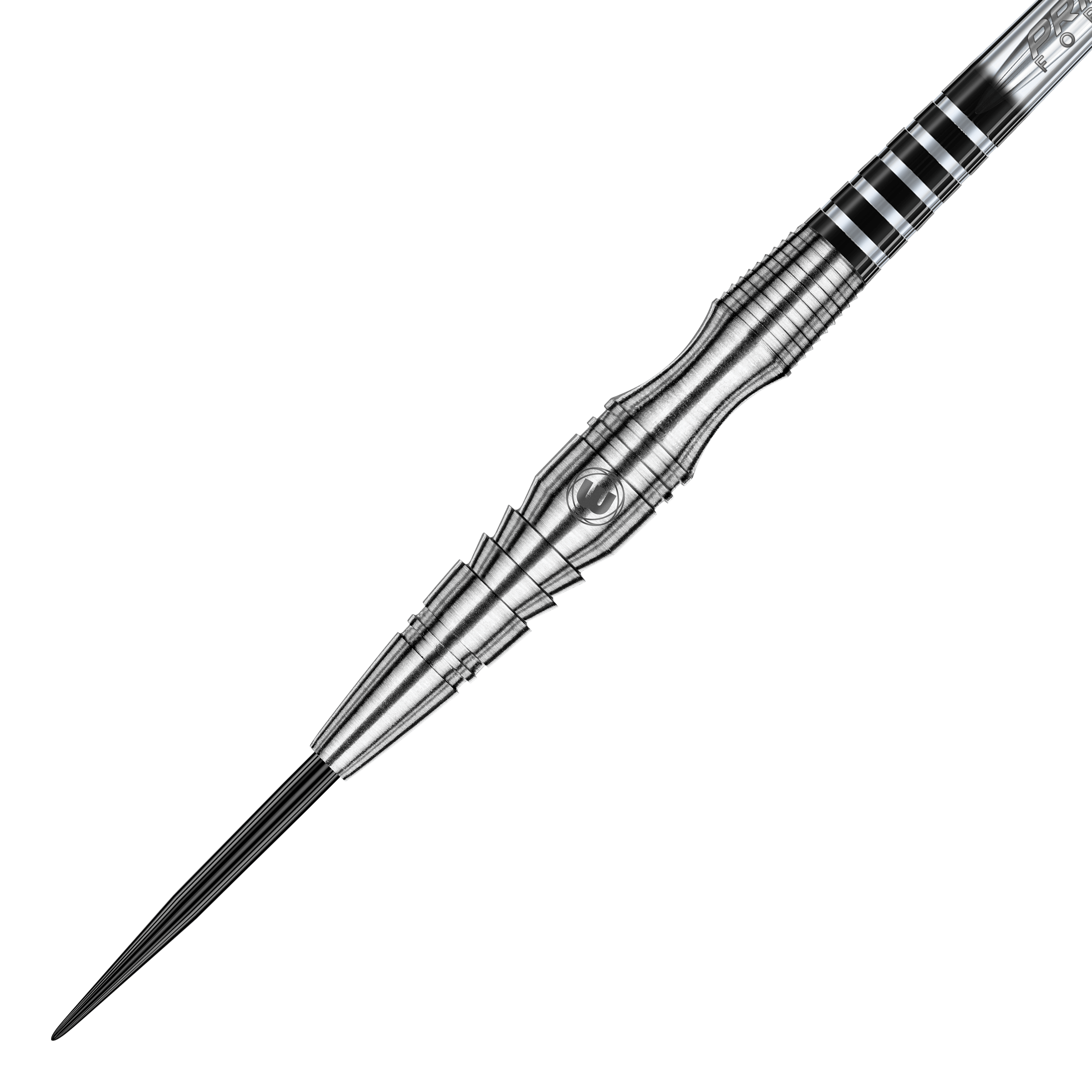 Winmau Sniper V3 Steeldarts Das Bild zeigt einen Winmau Sniper V3 Steeldart. Der Dart ist silberfarben und hat ein auffälliges, strukturiertes Design am Barrel.