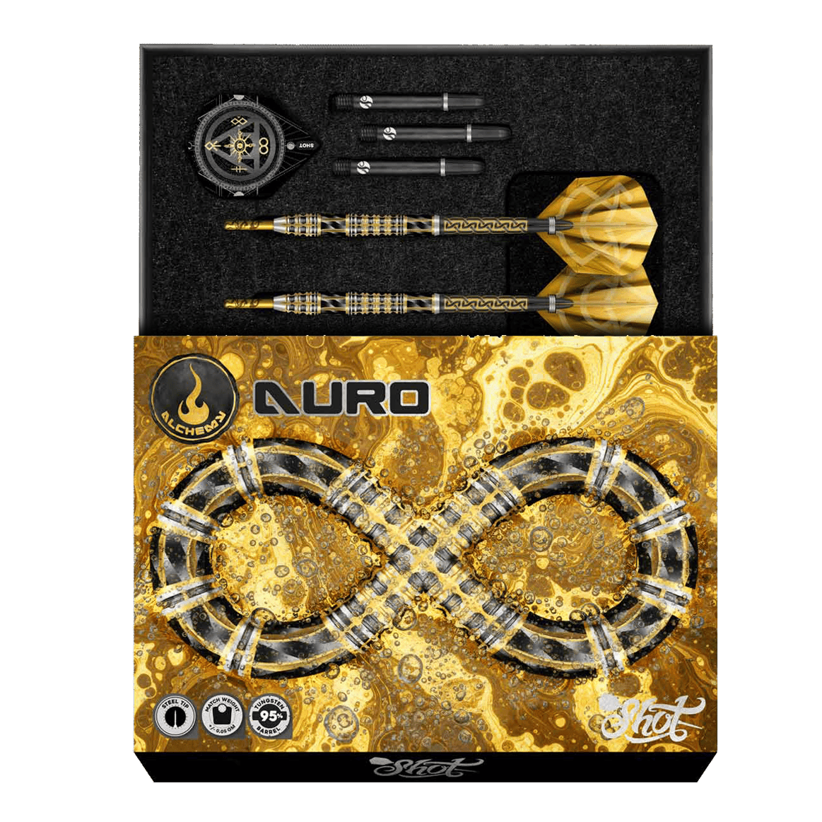 Shot Alchemy Auro Steeldarts Hier sieht man die Shot Alchemy Auro Steeldarts. Die Steeldarts werden detailliert und aus einer besonderen Perspektive dargestellt.