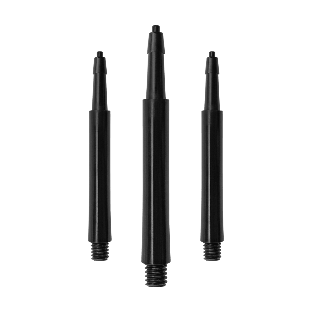 Das Bild zeigt drei schwarze Harrows Clic Standard Shafts. Diese Schäfte sind für den Einsatz bei Darts bestimmt.