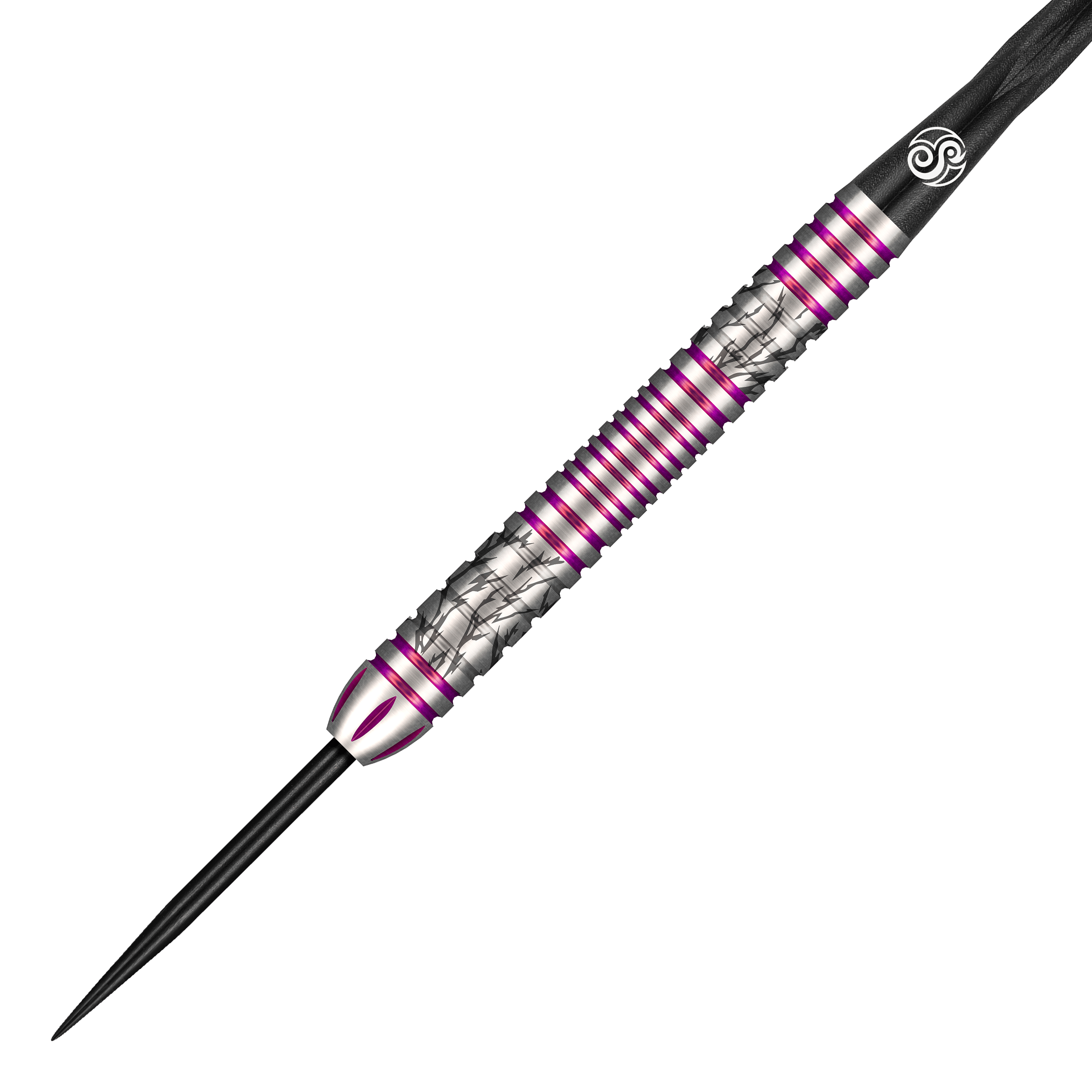 Shot Pro Series Barbora Hospodarska 2 Dardos de acero - 23g Das Bild zeigt einen Steeldart aus der Shot Pro Series Barora Hospodarska mit einem Gewicht von 23g. Der Dart ist silberfarben mit lila Akzenten und besitzt ein auffälliges, strukturiertes Design.