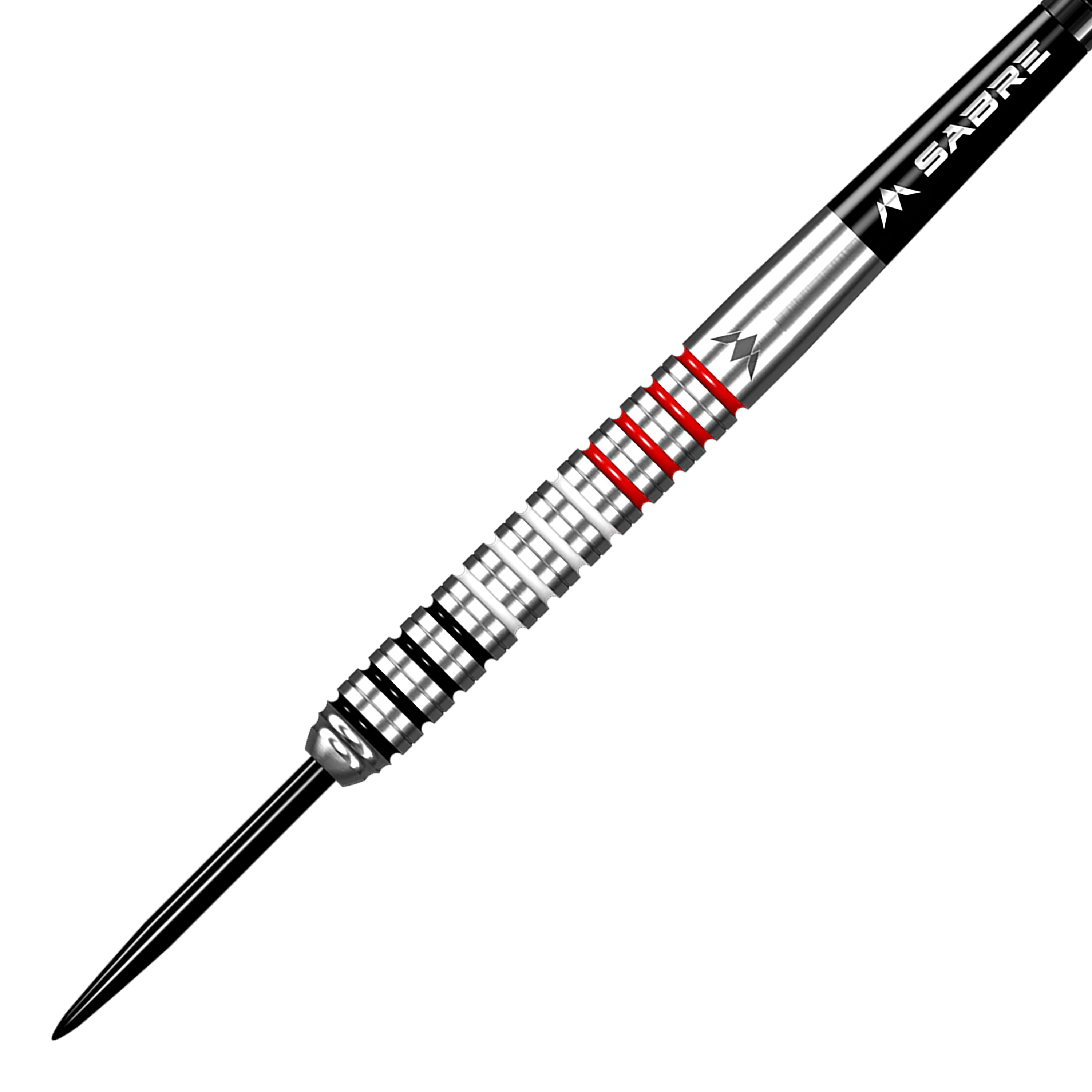 Mission Wessel Nijman steel darts - 23g Das Bild zeigt einen Mission Wessel Nijman Steeldart mit einem Gewicht von 23 Gramm. Der Dart hat ein silbernes Barrel mit schwarzen und roten Ringen.