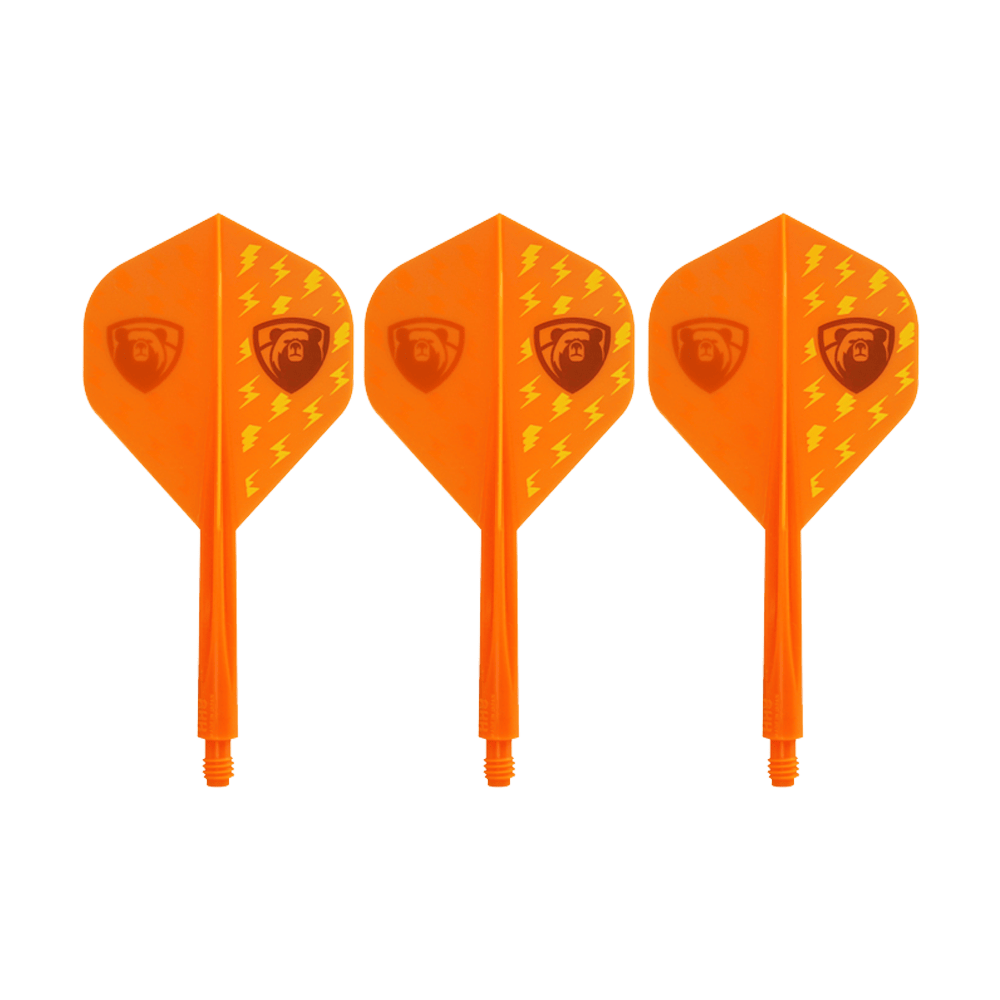 Condor AXE Thunderbolt Orange Flight-System - Standard Das Bild zeigt drei orangefarbene Dart-Flights mit integriertem Schaft. Sie haben ein Blitzmuster und ein Logo auf jeder Flight-Seite.