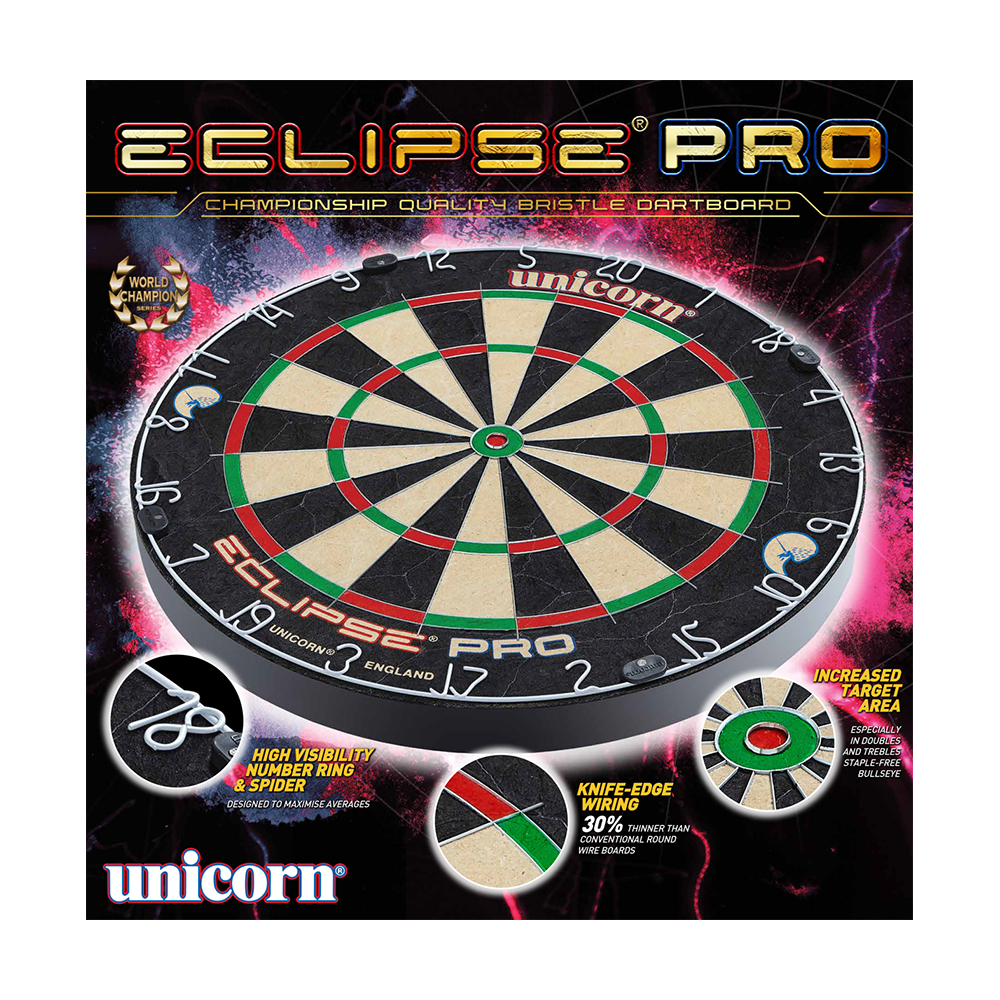 Terč Unicorn Eclipse Pro Das Bild zeigt das Produkt "Unicorn Eclipse Pro Dartboard". Es handelt sich um eine professionelle Dartscheibe mit erhöhter Zielgenauigkeit und spezieller Draht-Technologie.