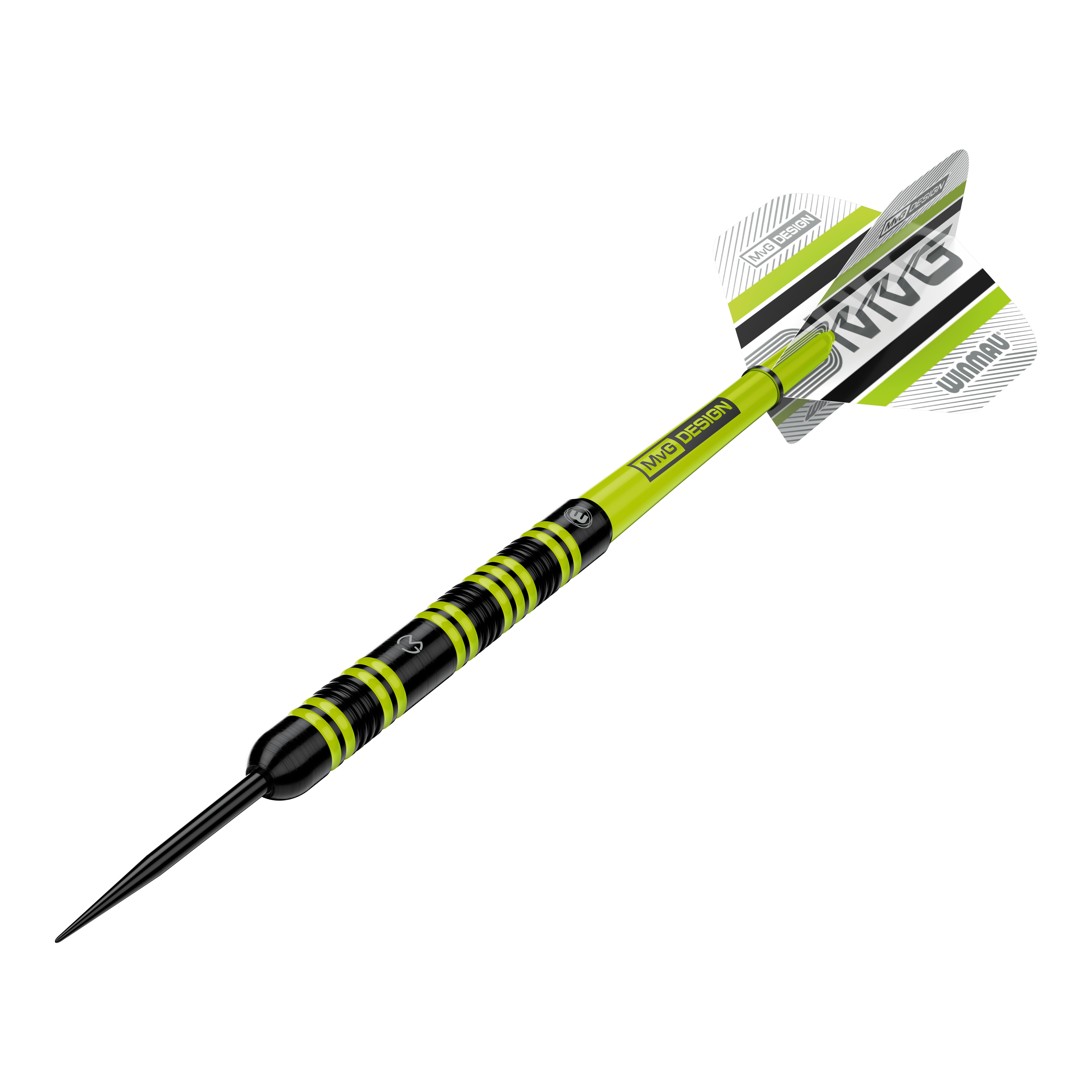 Ocelové šipky Winmau Michael Van Gerwen 85 Pro-Series Das Bild zeigt einen Winmau Michael Van Gerwen 85 Pro-Series Steeldart. Der Dart hat ein auffälliges Design mit schwarzen und leuchtend grünen Akzenten sowie einem MVG-Logo auf den Flights.
