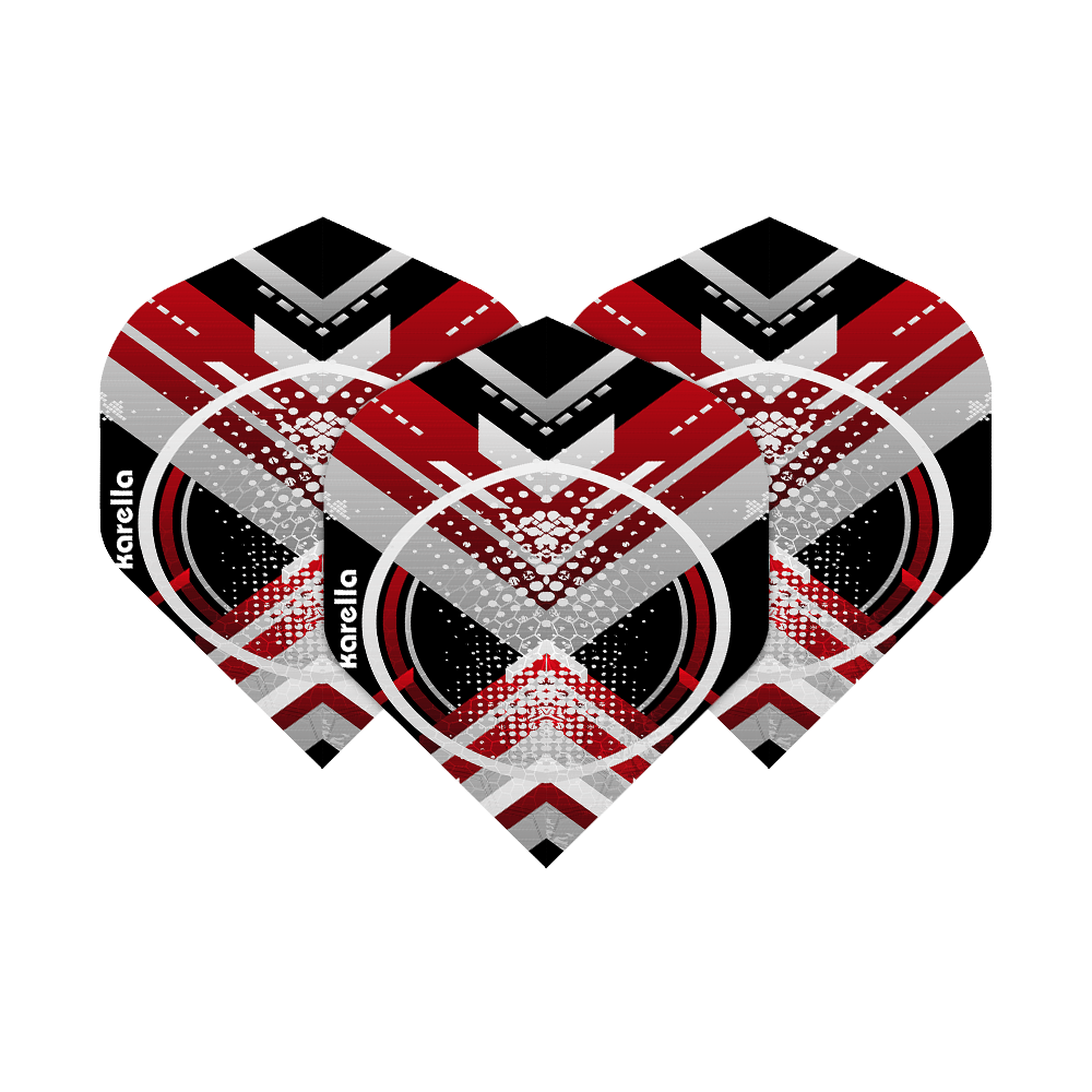 8032-10_Karella_XT-3_No2_Standard_Flights_16PxozAZoIipGn Das Bild zeigt drei Karella XT-3 No2 Standard Flights. Die Flights haben ein modernes Design in Schwarz, Rot, Weiß und Grau.