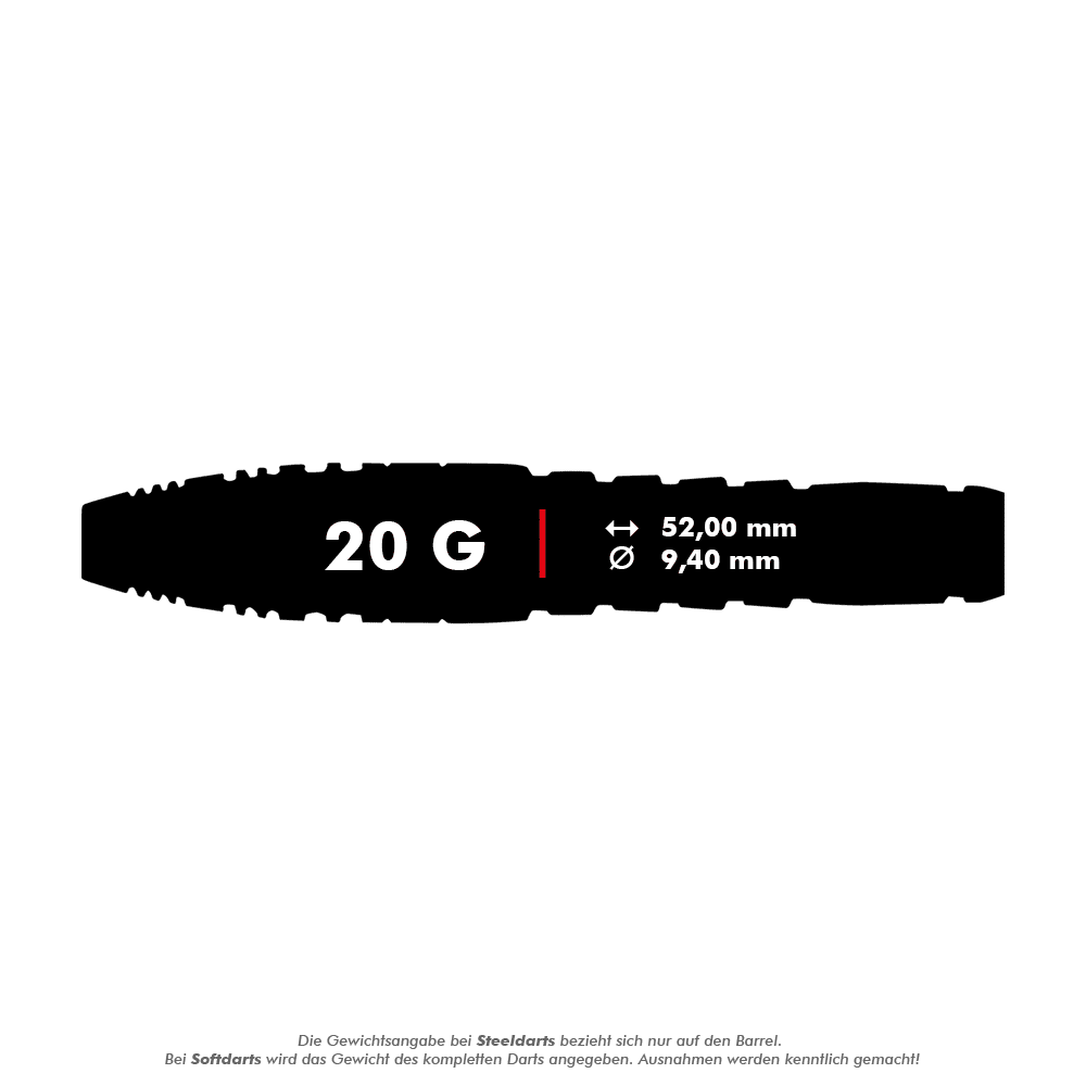 Steeldarts Unicorn Top Brass V4 - 20g Das Bild zeigt die Produktinformationen zu "Unicorn Top Brass V4 Steeldarts - 20g". Die Darts wiegen 20 Gramm, sind 52,00 mm lang und haben einen Durchmesser von 9,40 mm.