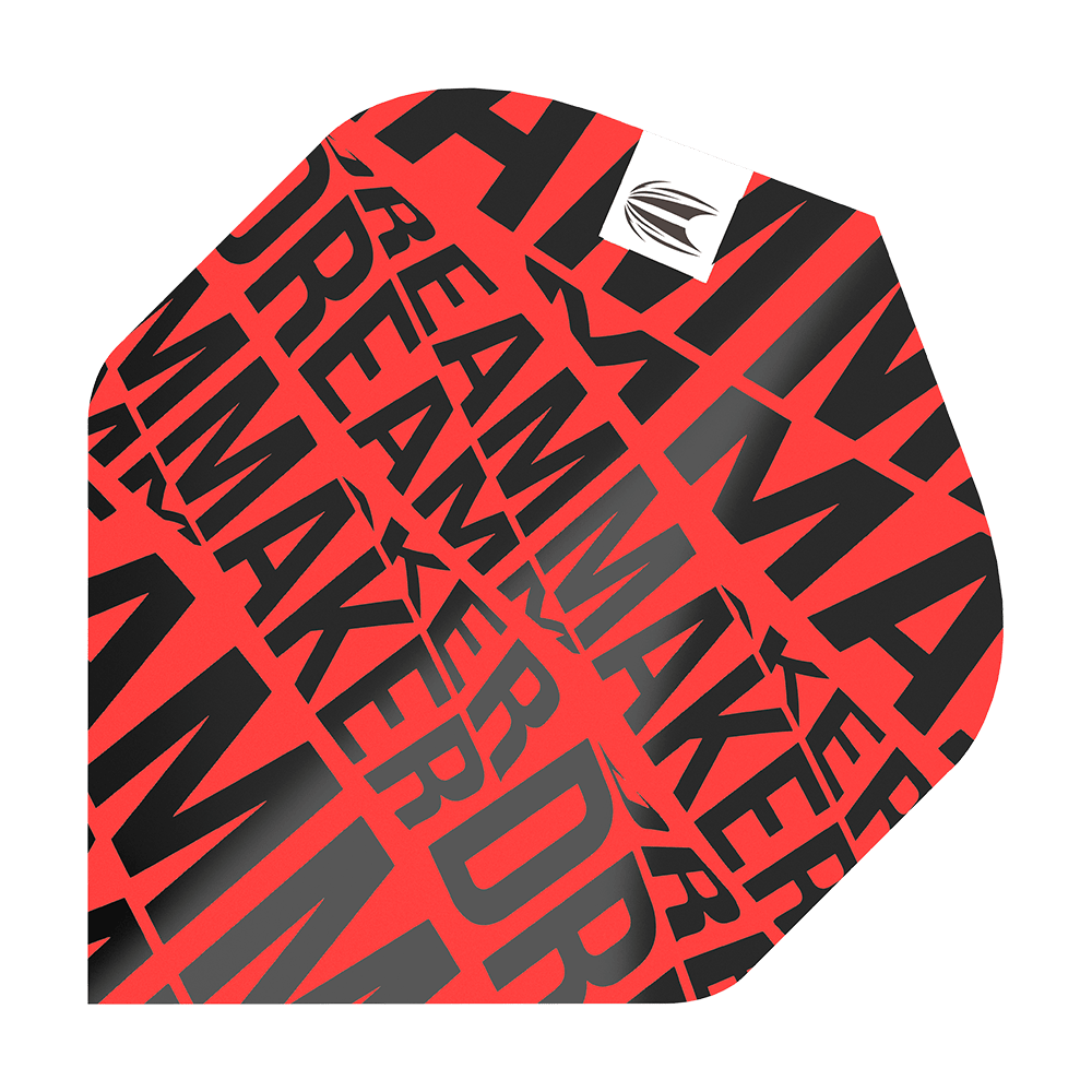 TG82_336580_Target_Pro_Ultra_Dimitri_Van_Den_Bergh_Red_No2_Standard_Flights_1 Dies ist ein Dart-Flight in leuchtendem Rot mit schwarzer Aufschrift. Auf dem Flight steht mehrfach das Wort "DREAMMAKER" in verschiedenen Größen.