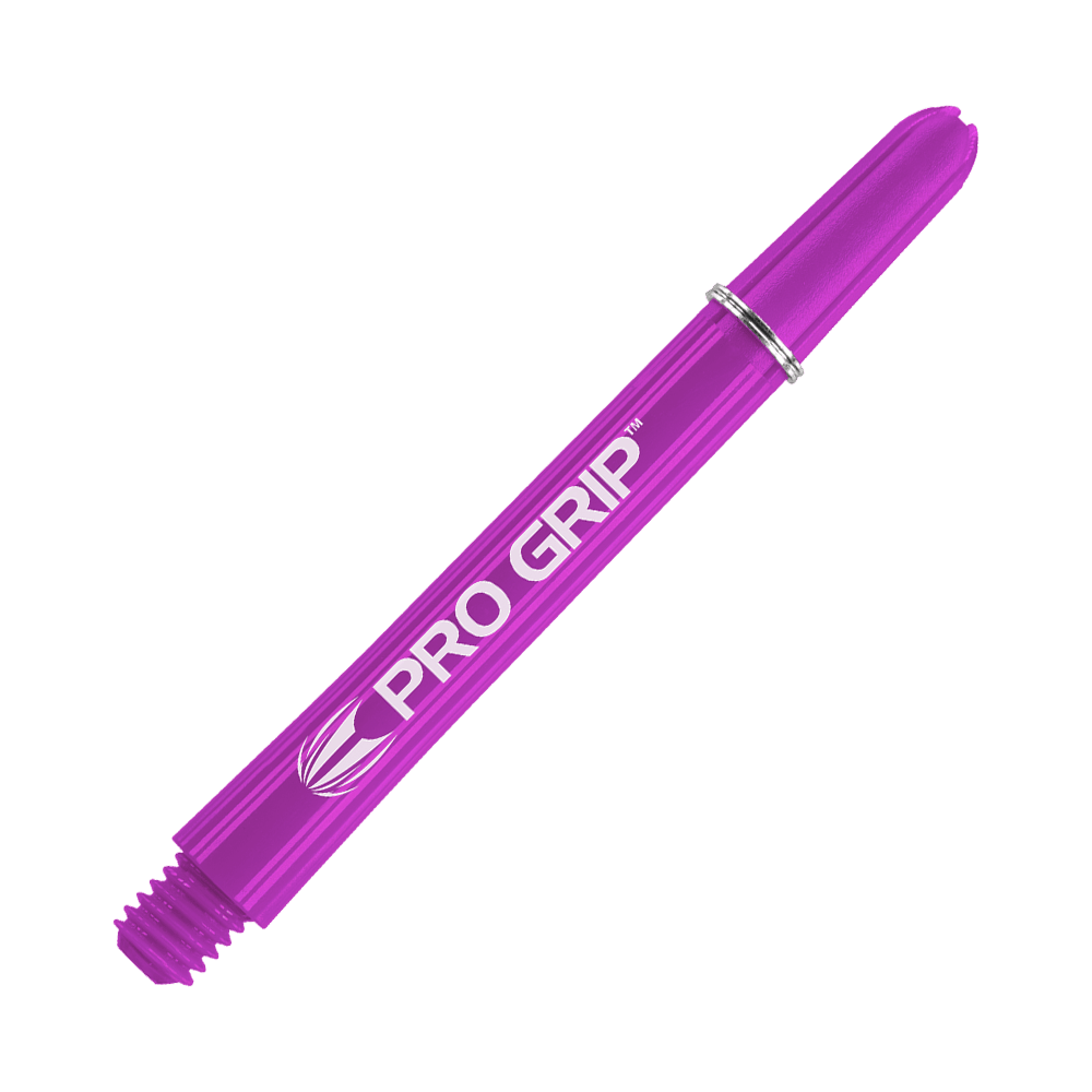 Target Pro Grip Shafts - 3 Sets - Purple Das Bild zeigt einen lilafarbenen Dart-Schaft mit der Aufschrift "Pro Grip". Der Schaft ist 48 mm lang und hat ein glänzendes, glattes Design.