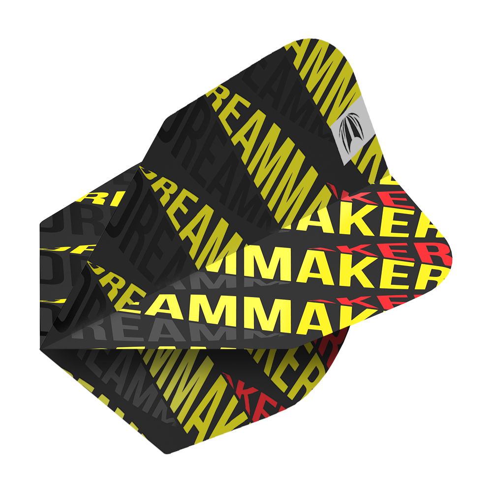 TG79_336530_Target_Pro_Ultra_Dimitri_Van_Den_Bergh_80_No6_Flights_2V8LgbDjaidFKO Das Bild zeigt die Dart-Flights "Target Pro Ultri Dimitri Van Den Bergh 80 No6". Die Flights sind schwarz mit gelbem und rotem Schriftzug "DREAMMAKER" bedruckt.