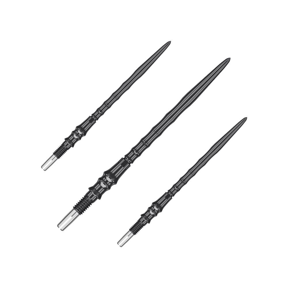 Target Japan Premium Swiss Point Steeldartspitzen - Schwarz Das Bild zeigt ein Set von schwarzen Steeldartspitzen, SwissPoint, 40 mm von Target Japan Premium. Mehrere Spitzen sind nebeneinander angeordnet.