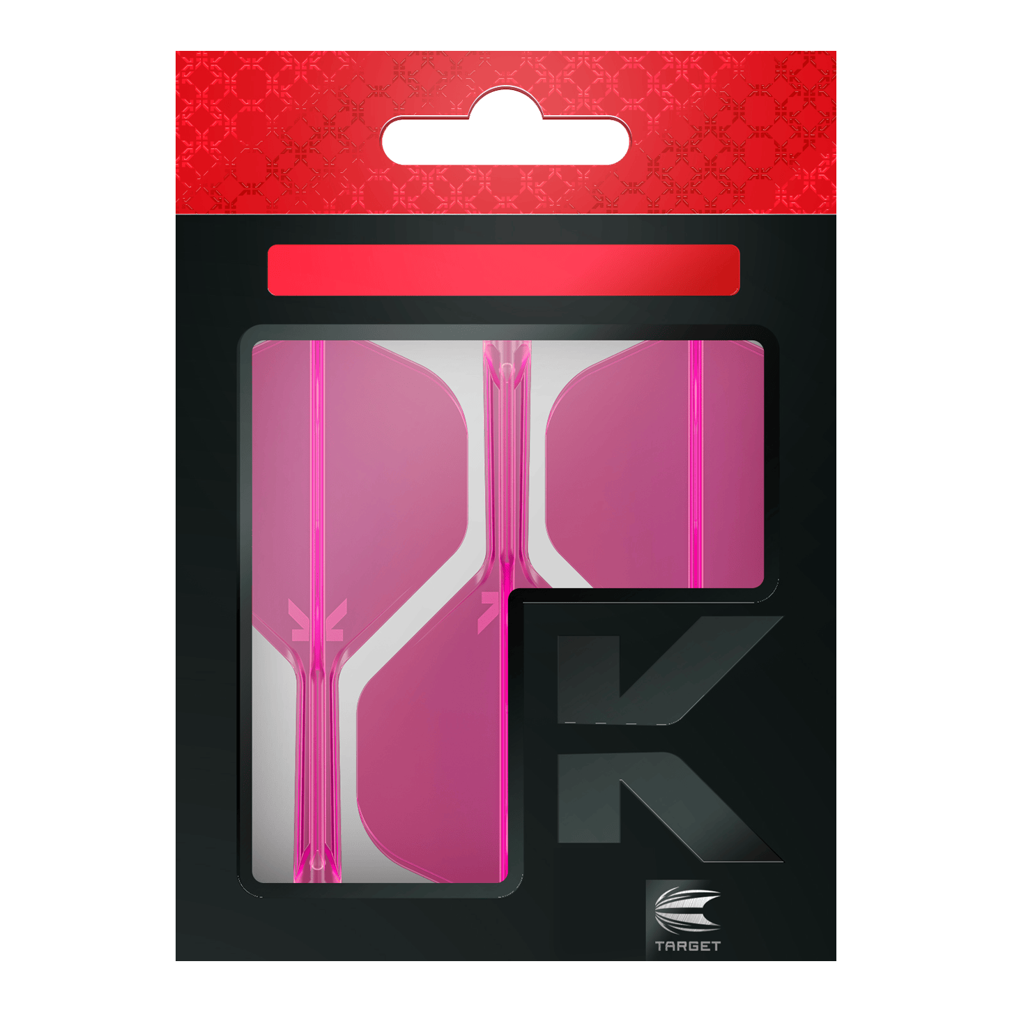Target K-Flex No2 Standard Flight System - Rosa neon Das Bild zeigt eine Packung mit pinkfarbenen Dart-Flights der Marke Target. Die Verpackung ist überwiegend schwarz mit einem roten oberen Abschnitt.