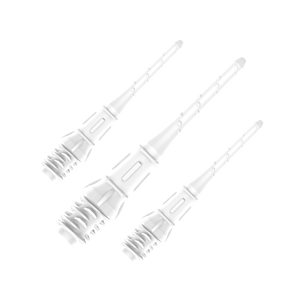 Premium Lippoints (30er Pack) - Spitzen Auf dem Bild sind drei weiße Dartspitzen zu sehen, die in einer Verpackung angeordnet sind. Die Spitzen wirken hochwertig und sind gleichmäßig ausgerichtet.