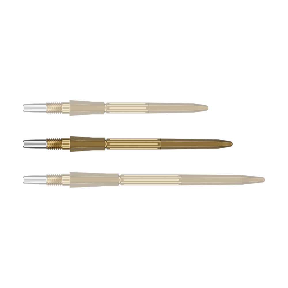 Abgebildet ist eine einzelne goldene Dartspitze. Die Dartspitze gehört zur Serie Target Elysian Archetype 43 SwissPoint, 35 mm.