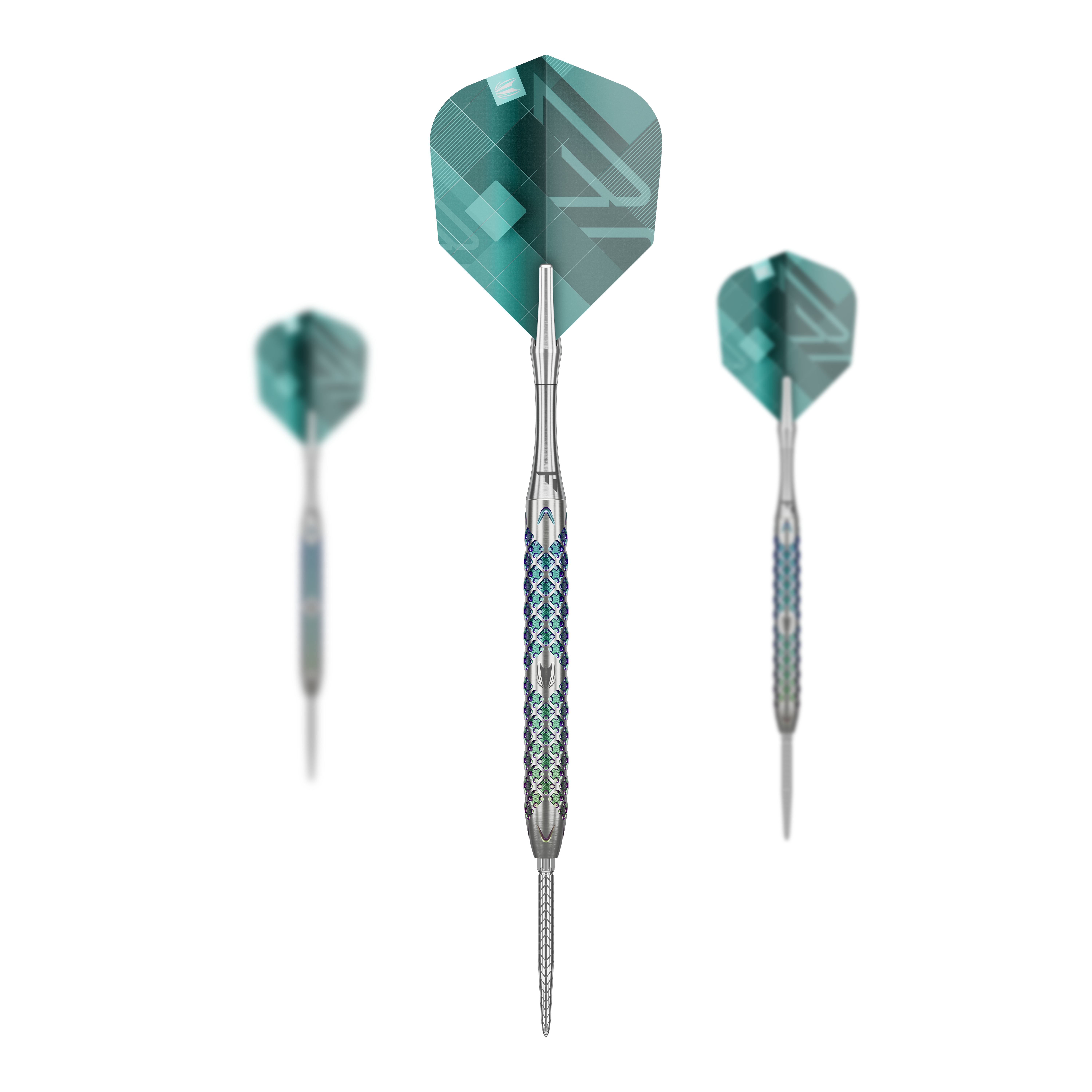 Dardos de acero Target Rove 01 Swiss Point Das Bild zeigt drei Steeldarts des Modells "Target Rove 01 Swiss Point". Die Darts haben silberne Spitzen und einen gemusterten, blauen und silbernen Griff sowie grünliche Flights.
