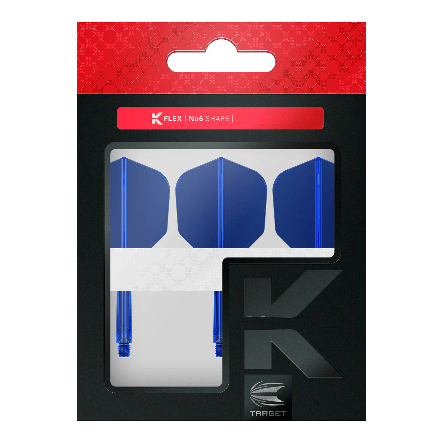 Letový systém Target K-Flex No6 - modrý Das Bild zeigt eine Verpackung mit drei blauen Dartflights und Schäften der Marke Target. Die Verpackung ist überwiegend schwarz mit einem roten oberen Bereich und Sichtfenster.