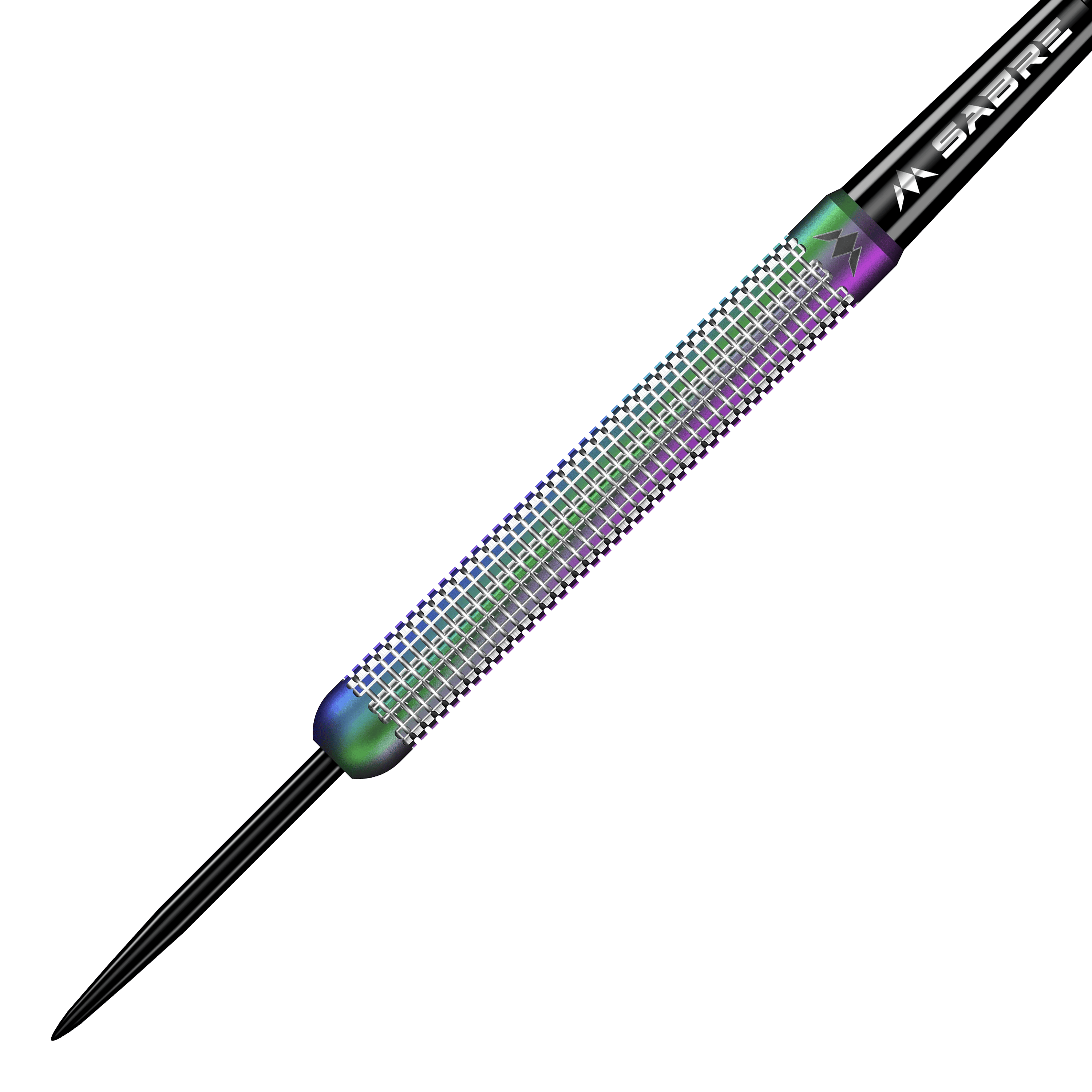 Mission Aurora Coral PVD steel darts - 23g Das Bild zeigt einen Mission Aurora Coral PVD Steeldart mit einem Gewicht von 23g. Der Dart hat eine bunte, glänzende Oberfläche und ist mit feinen Rillen versehen.
