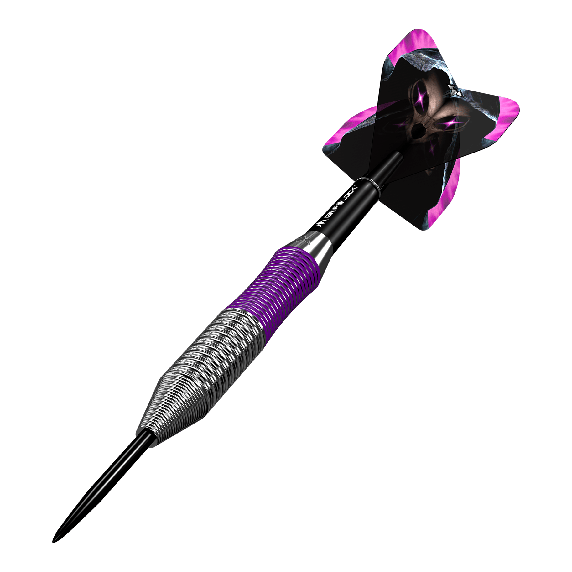 Šipky Mission Phantom Brass Steel - 22g Dies ist ein Mission Phantom Brass Steeldart mit einem Gewicht von 22 Gramm. Der Dart hat ein metallisches Griffstück mit lila Akzenten und einen auffälligen Flight mit einem schwarzen und lila Design.