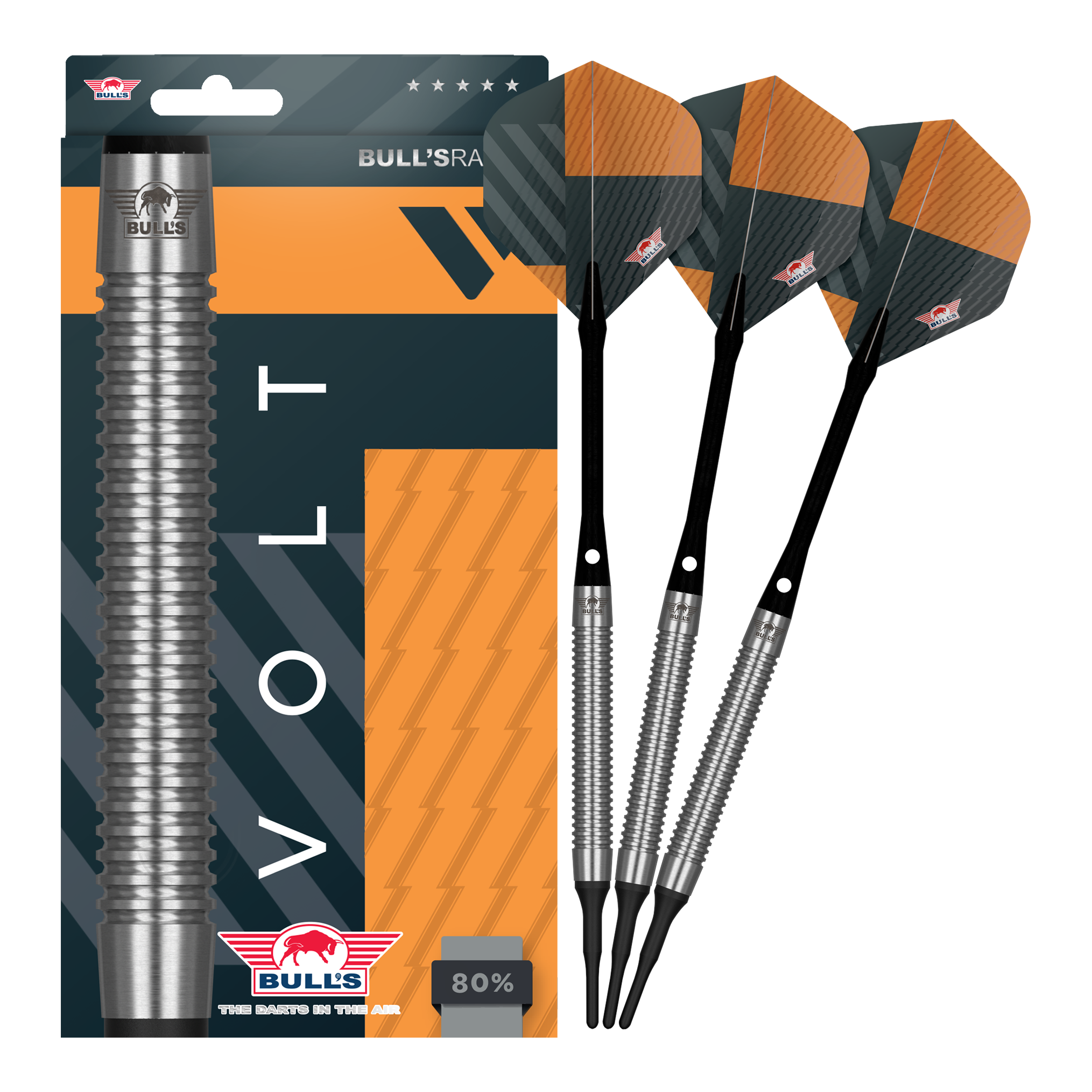 Šipky Bulls NL Volt Orange Soft - 18g Das Bild zeigt Bulls NL Volt Orange Softdarts - 18g. Die Darts sind besonders farbig gestaltet.