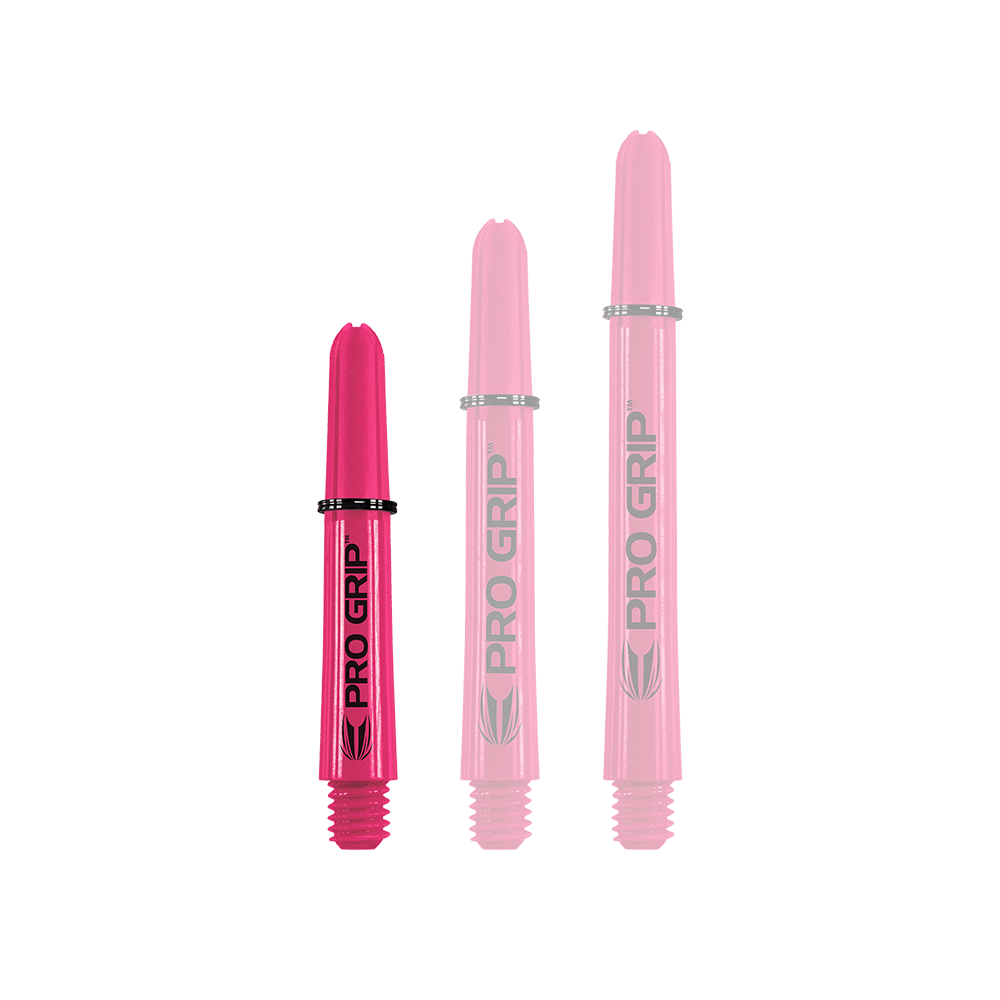 Target Pro Grip Shafts - 3 Sets - Pink Auf dem Bild sind drei pinkfarbene Pro Grip Shafts in unterschiedlichen Längen zu sehen. Sie stehen nebeneinander auf weißem Hintergrund.