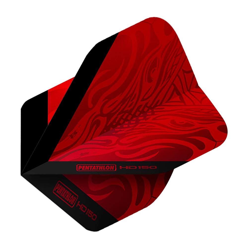Pentathlon HD150 metalicky červené standardní letky Das Bild zeigt einen roten Dartflight mit schwarzem Streifen und Mustern. Auf dem Flight steht "Pentathlon HD150".