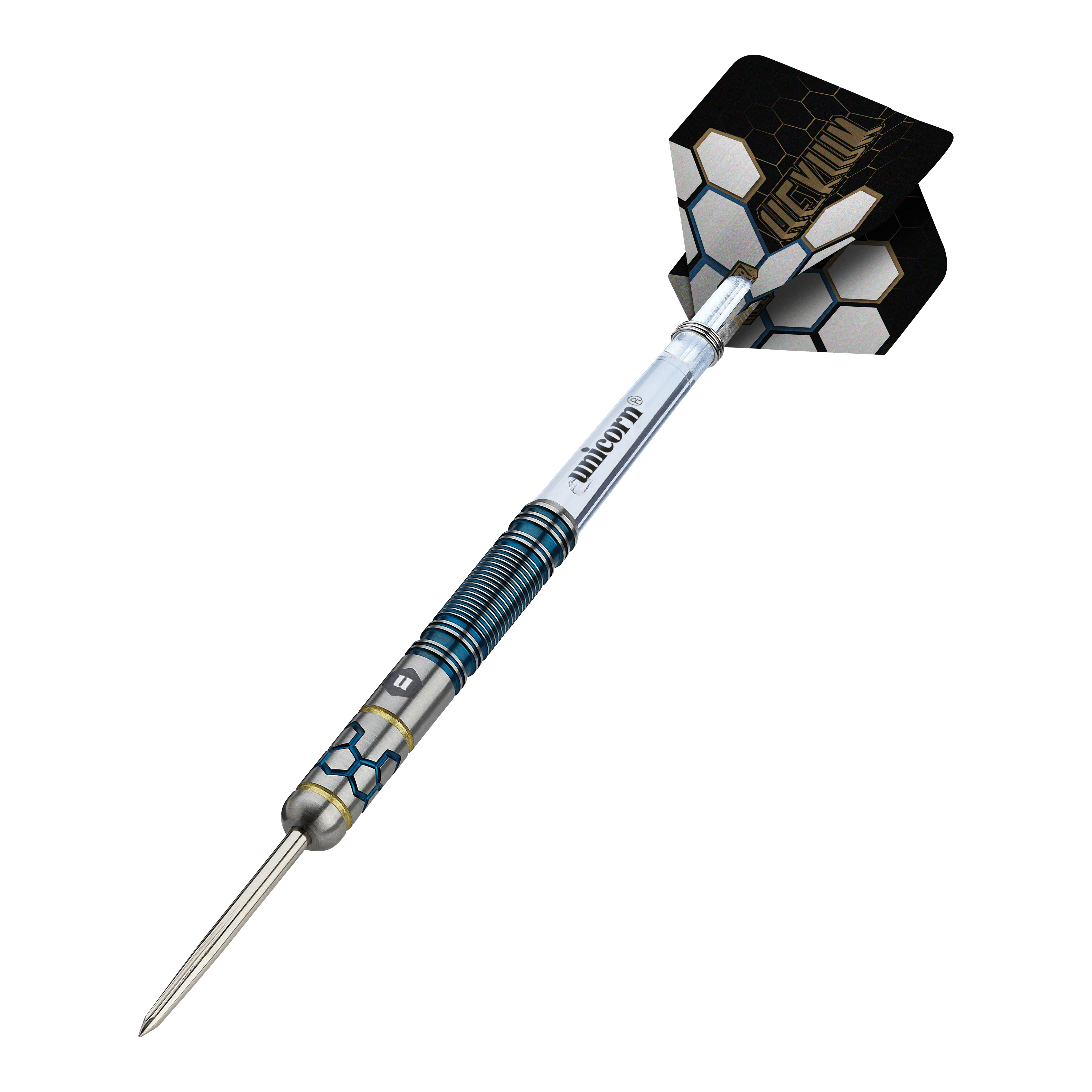 Unicorn Hexium Style 02 Blue & Gold Steeldarts Das Foto zeigt die Unicorn Hexium Style 02 Blue & Gold Steeldarts. Es handelt sich um hochwertige Steeldarts in Blau und Gold.