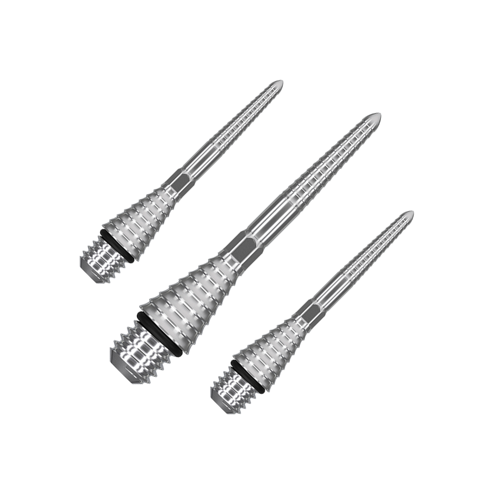 380180_Target_Titanium_Swiss_Point_Grooved_Conversion_Points_Silber_26mm_1 Das Bild zeigt drei silberne Swiss Point Grooved Conversion Points von Target. Sie sind metallisch und haben eine gerillte Oberfläche für besseren Halt.