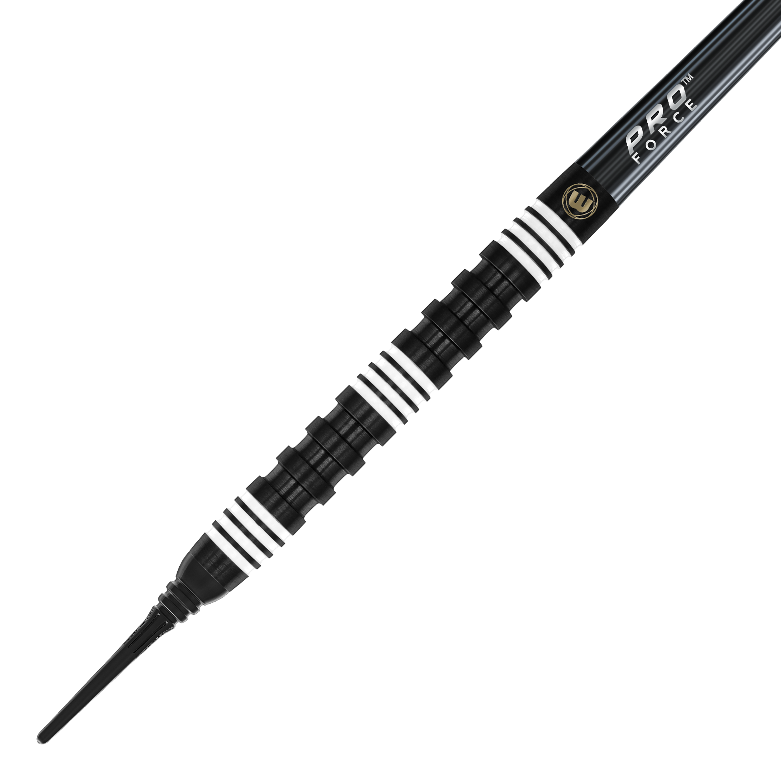Winmau Danny Noppert 85 Pro-Series soft darts - 20g Das Bild zeigt einen Winmau Danny Noppert 85 Pro-Series Softdart mit einem Gewicht von 20g. Der Dart ist schwarz mit mehreren weißen Ringen und hat eine strukturierte Griffzone.