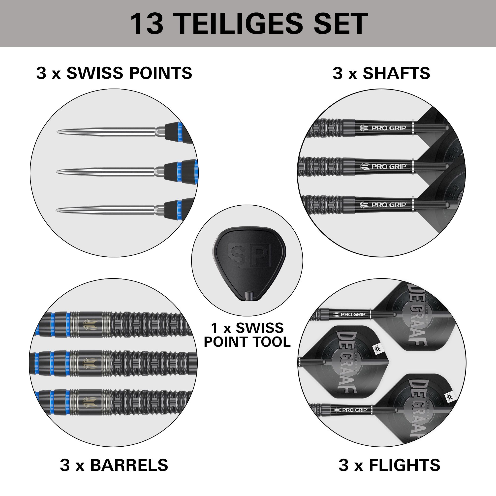 Target Jeffrey De Graaf GEN1 Swiss Point Steeldarts - 23g Das Bild zeigt das 13-teilige Set "Target Jeffrey De Graaf GEN1 Swiss Point Steeldarts - 23g". Im Set sind 3 Spitzen, 3 Shafts, 3 Barrels, 3 Flights und 1 Swiss Point Tool enthalten.
