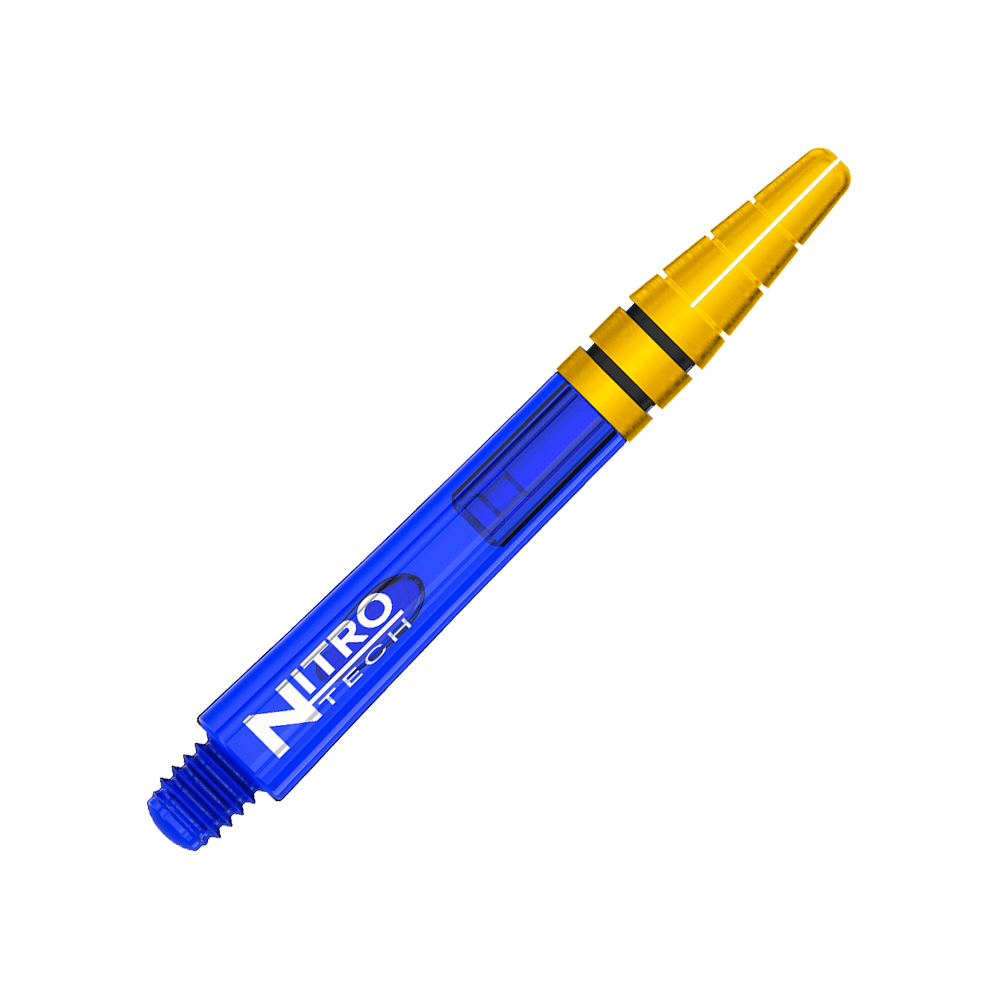 C799_Red_Dragon_Nitrotech_Shafts_Blau_Gold_39mm_2 Das Bild zeigt einen Red Dragon Nitrotech Shaft in Blau-Gold mit einer Länge von 39 mm. Der Schaft hat einen blauen Körper und einen goldenen oberen Teil.