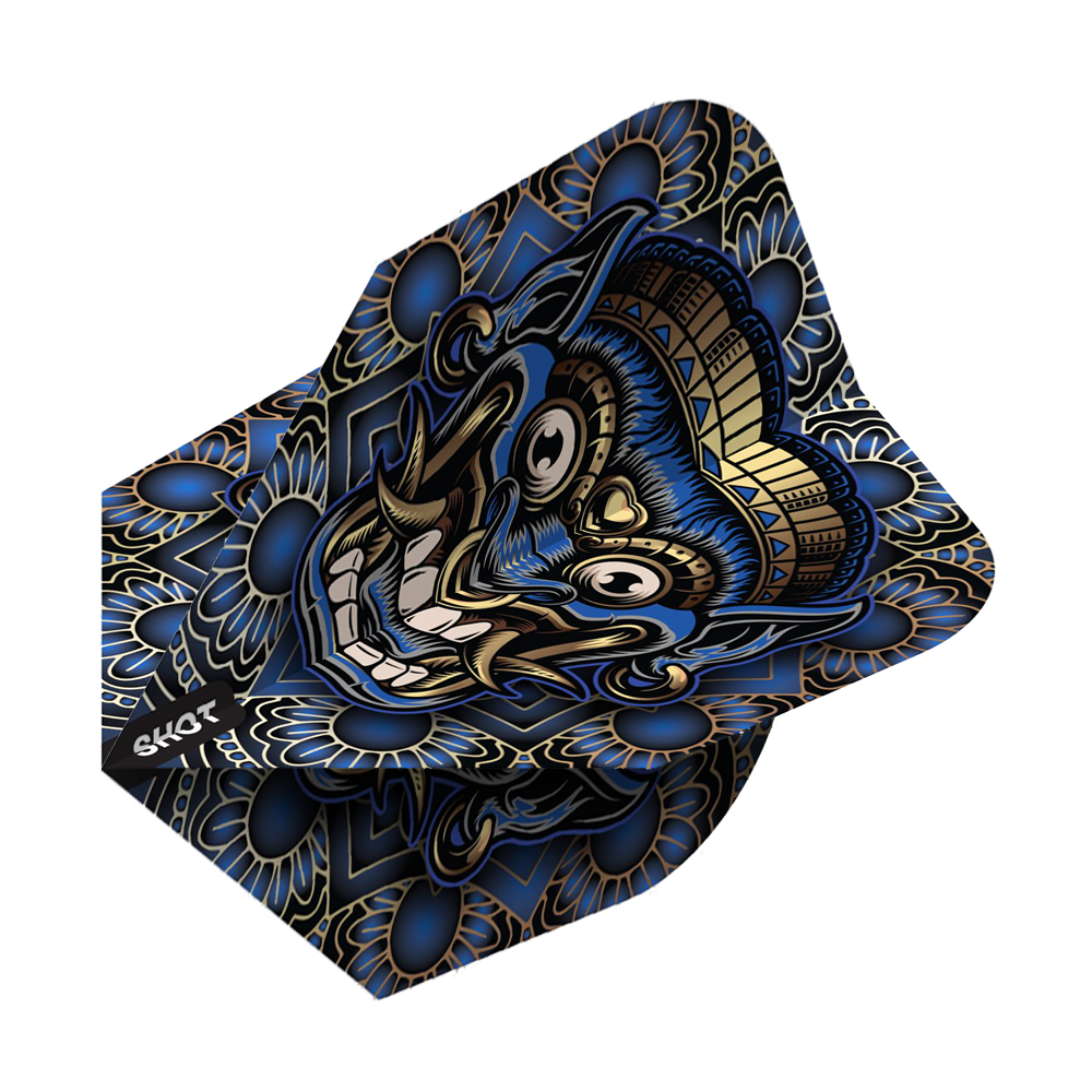 Vuelos de Java No6 con arma tribal de Shot Das Bild zeigt ein Dartflight mit einem auffälligen Tribal-Design in Blau, Gold und Schwarz. In der Mitte ist ein stilisierter, maskenartiger Kopf mit vielen Details zu sehen.
