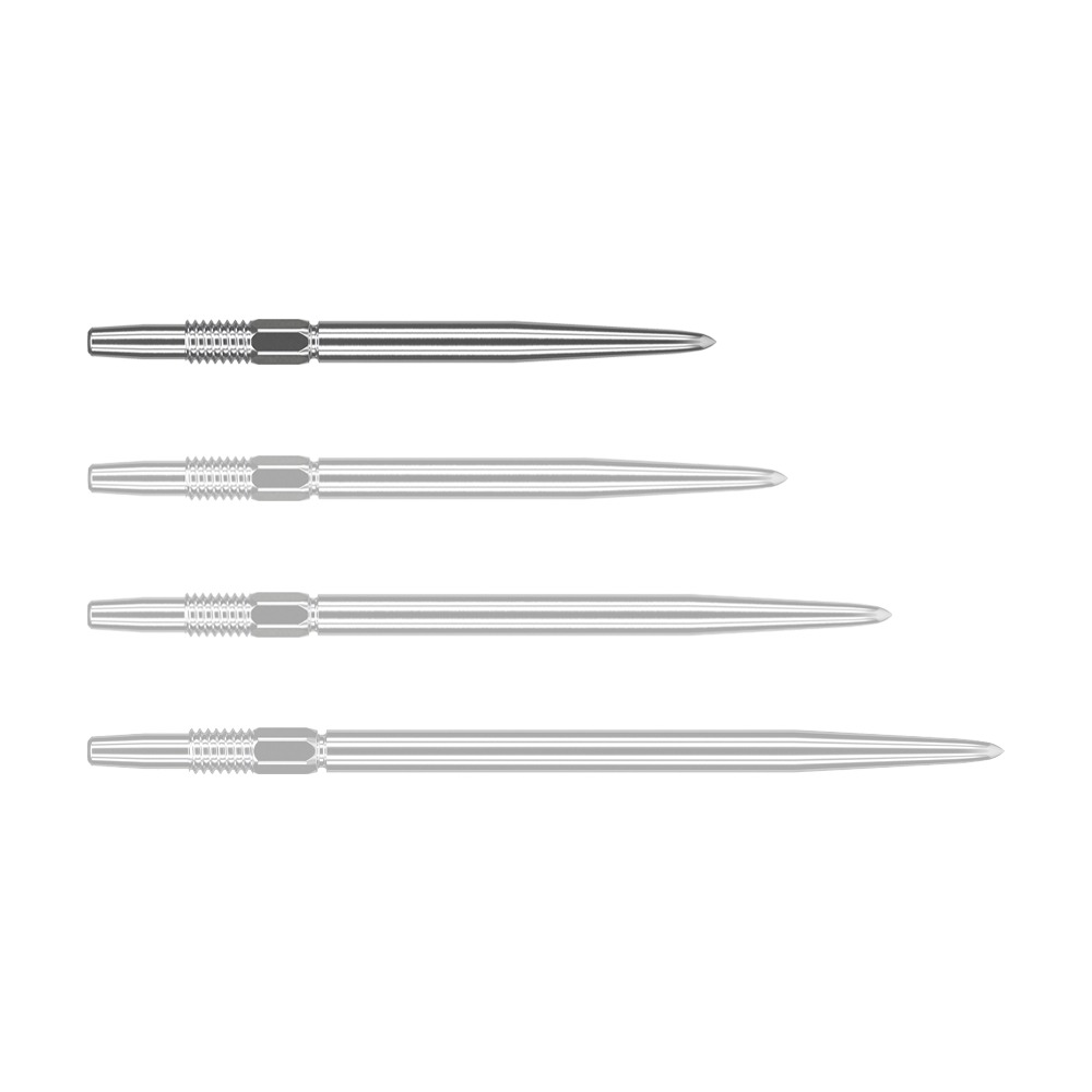 Końcówki do lotek Target Swiss Point Silver Das Bild zeigt vier silberne Dartspitzen, die nebeneinander liegen. Jede Spitze hat ein geriffeltes Ende und ist schlank und spitz zulaufend.