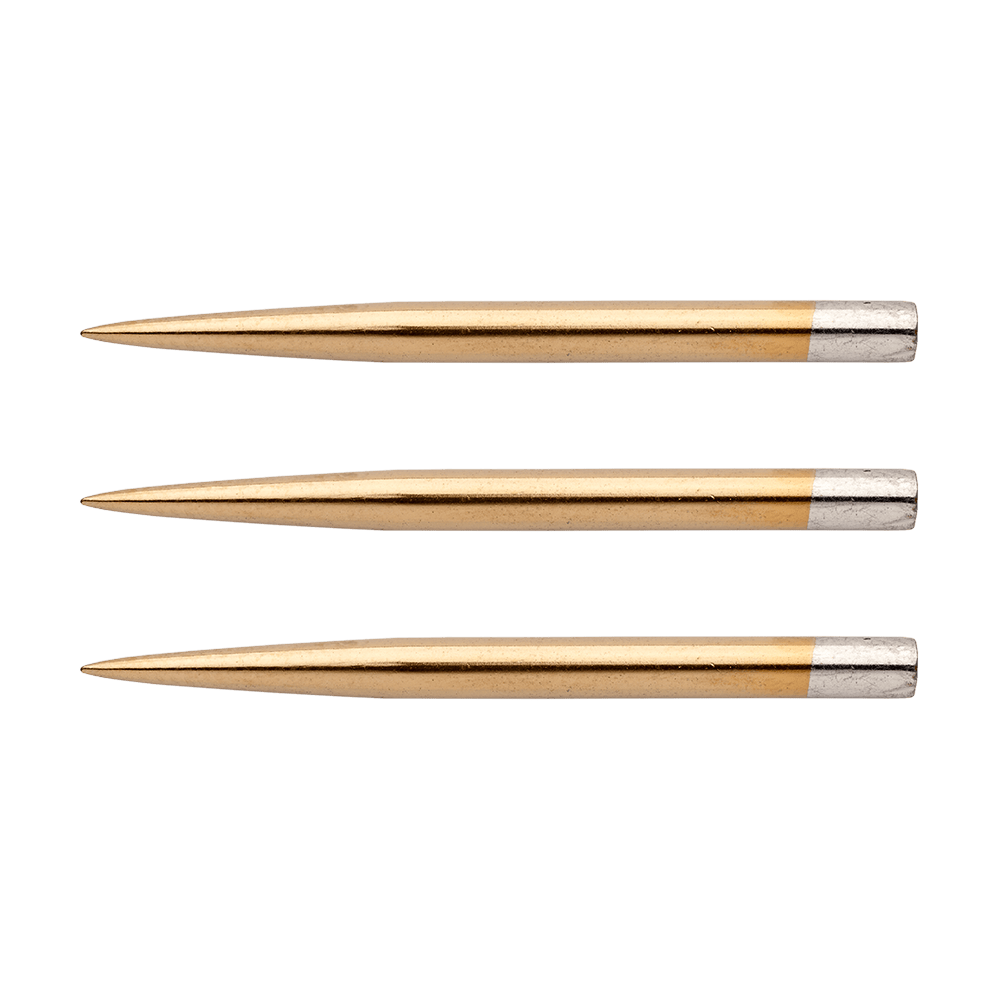 8377_Winmau_Gold_Nitrid_Coated_Steeldart_Spitzen_32mm_1 Das Bild zeigt drei goldfarbene Winmau Gold Nitrid beschichtete Steeldart Spitzen mit einer Länge von 32 mm. Die Spitzen sind schlank und haben am hinteren Ende einen silbernen Abschnitt.