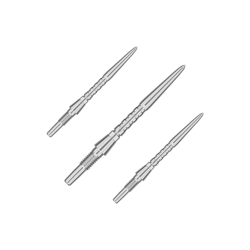 Stalowe groty do rzutek Target Swiss Point Storm Surge – srebrne Auf dem Bild sind drei silberne Steeldartspitzen abgebildet. Sie sind schmal, metallisch und haben ein präzises, geriffeltes Design.
