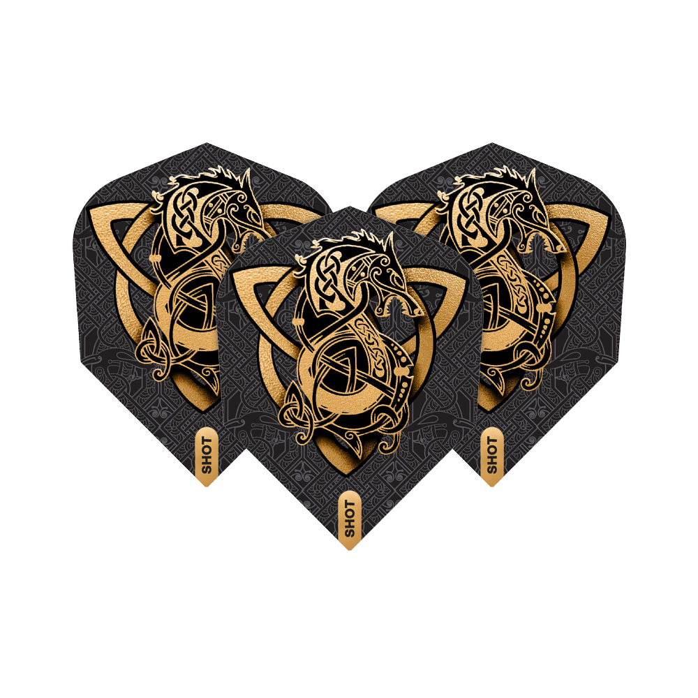 Vuelos de Shot Viking Wolf No. 6 Das Bild zeigt drei Dartflights des Produkts "Shot Viking Wolf No6 Flights". Sie sind schwarz mit einem goldenen, wikinger-inspirierten Wolfsmotiv verziert.